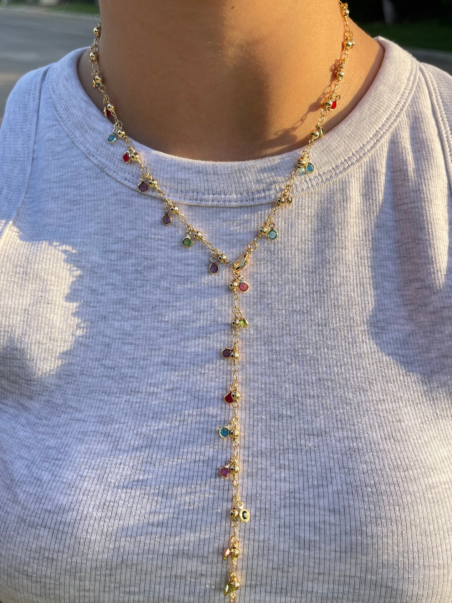 Rainbow Stones Drop Necklace (Gold Plated)