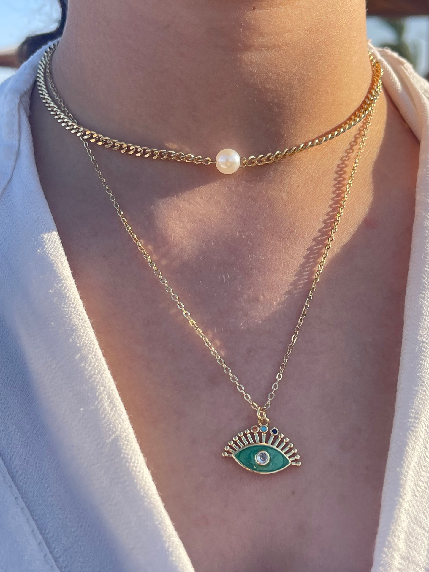 Evil Eye Pearl Double Necklace (Gold Plated)