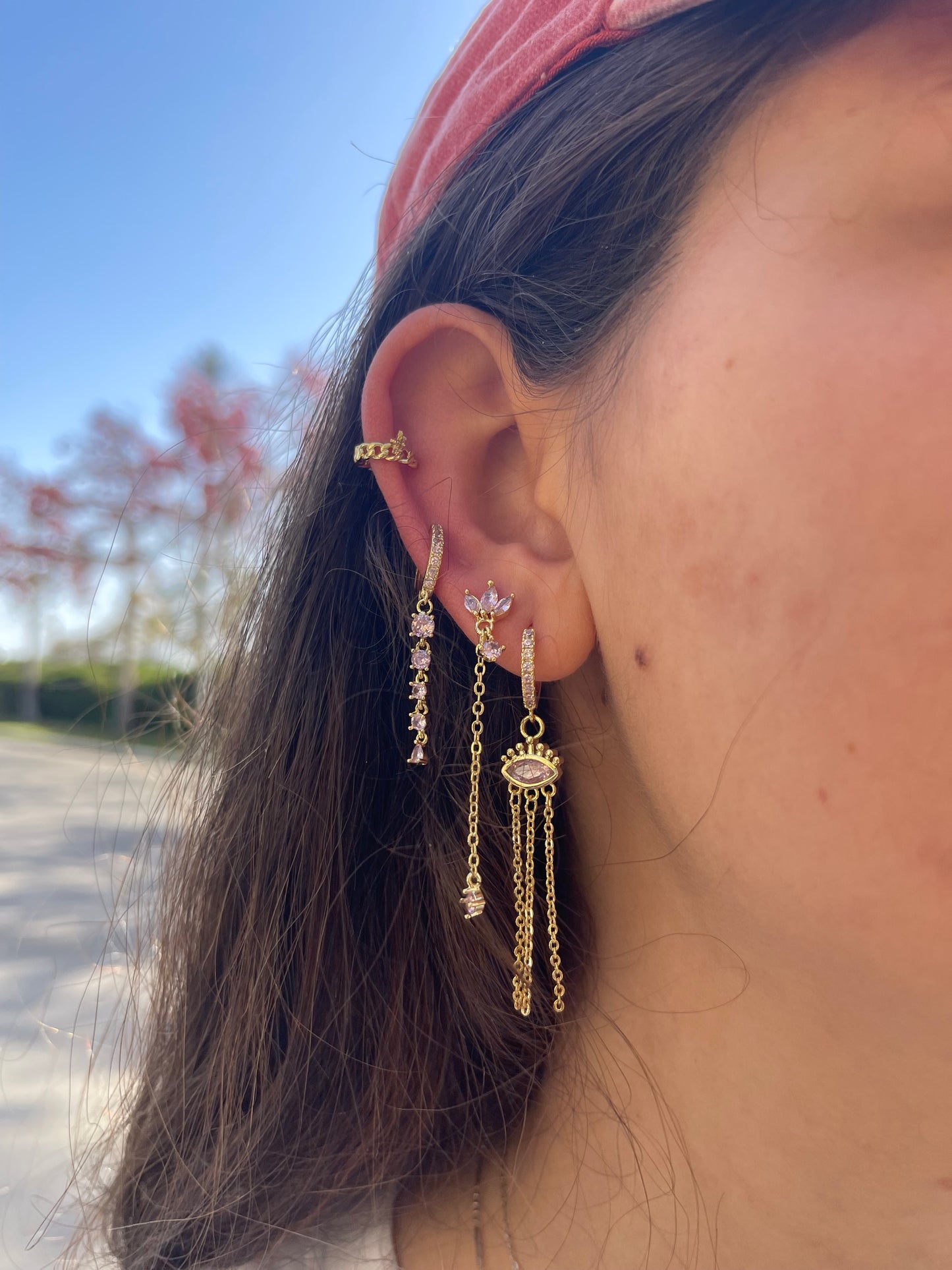 Pink Crystal Evil Eye Gold Plated Single Earrings