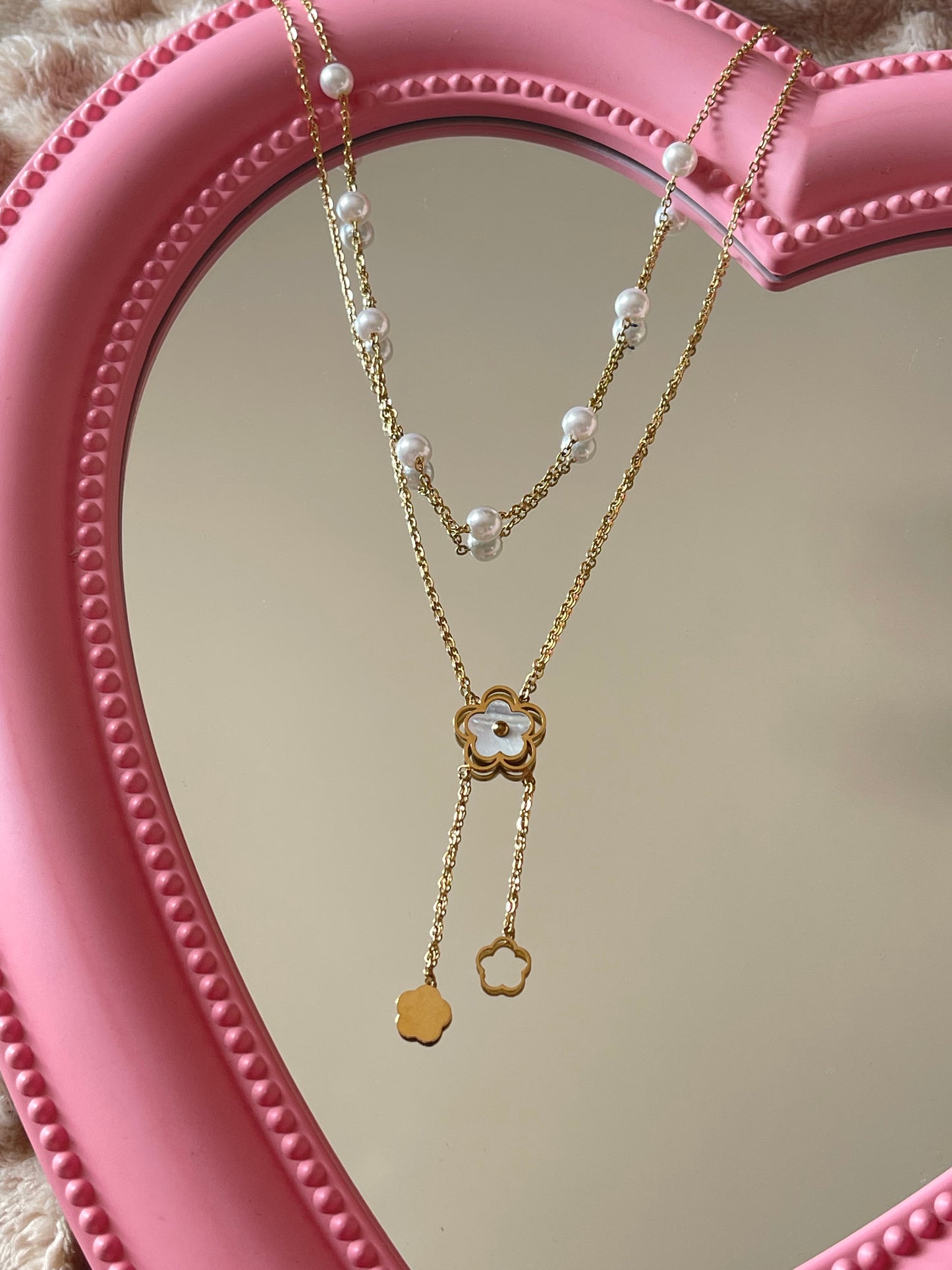 Layered Flower Pearl Necklace (Stainless Steel)