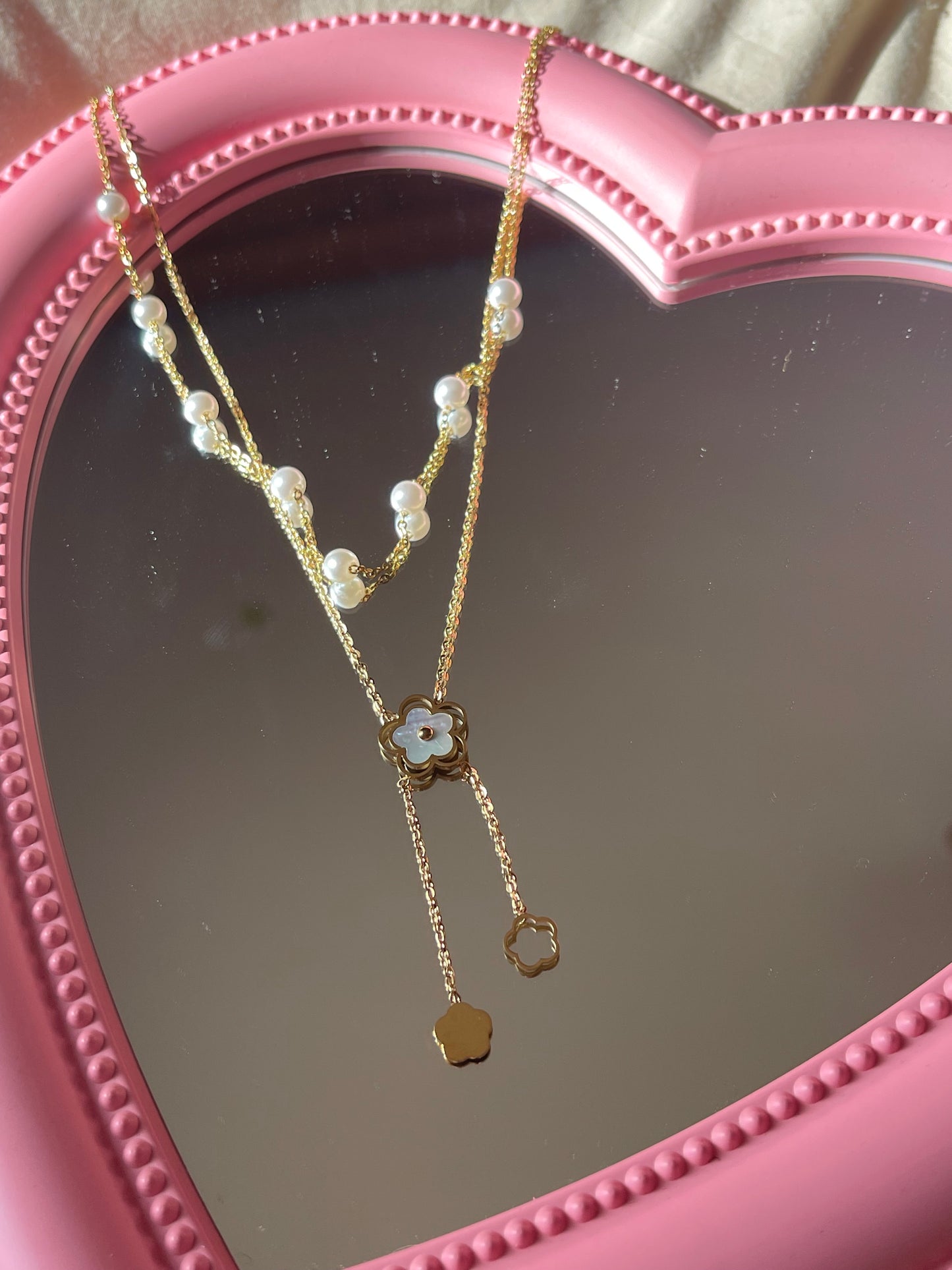 Layered Flower Pearl Necklace (Stainless Steel)