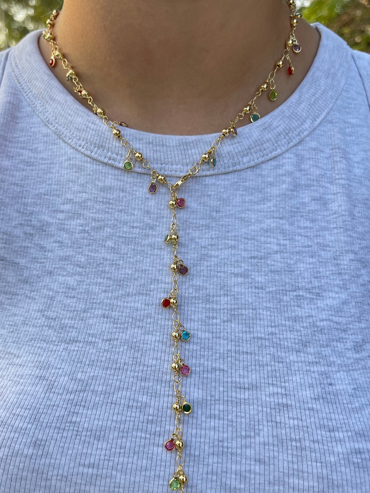 Rainbow Stones Drop Necklace (Gold Plated)