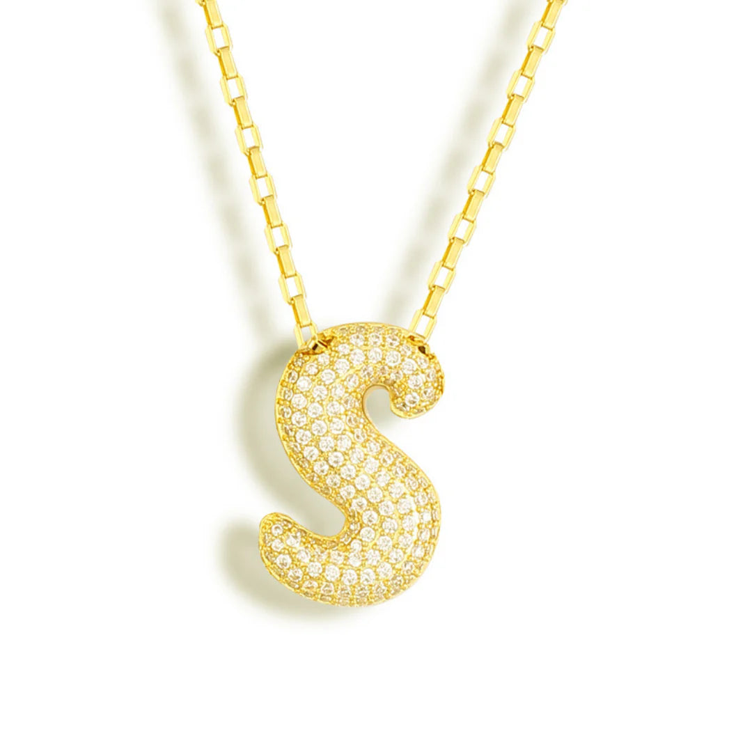 Jumbo Sparkly Bubble Initial Letter Necklace (Stainless Steel)