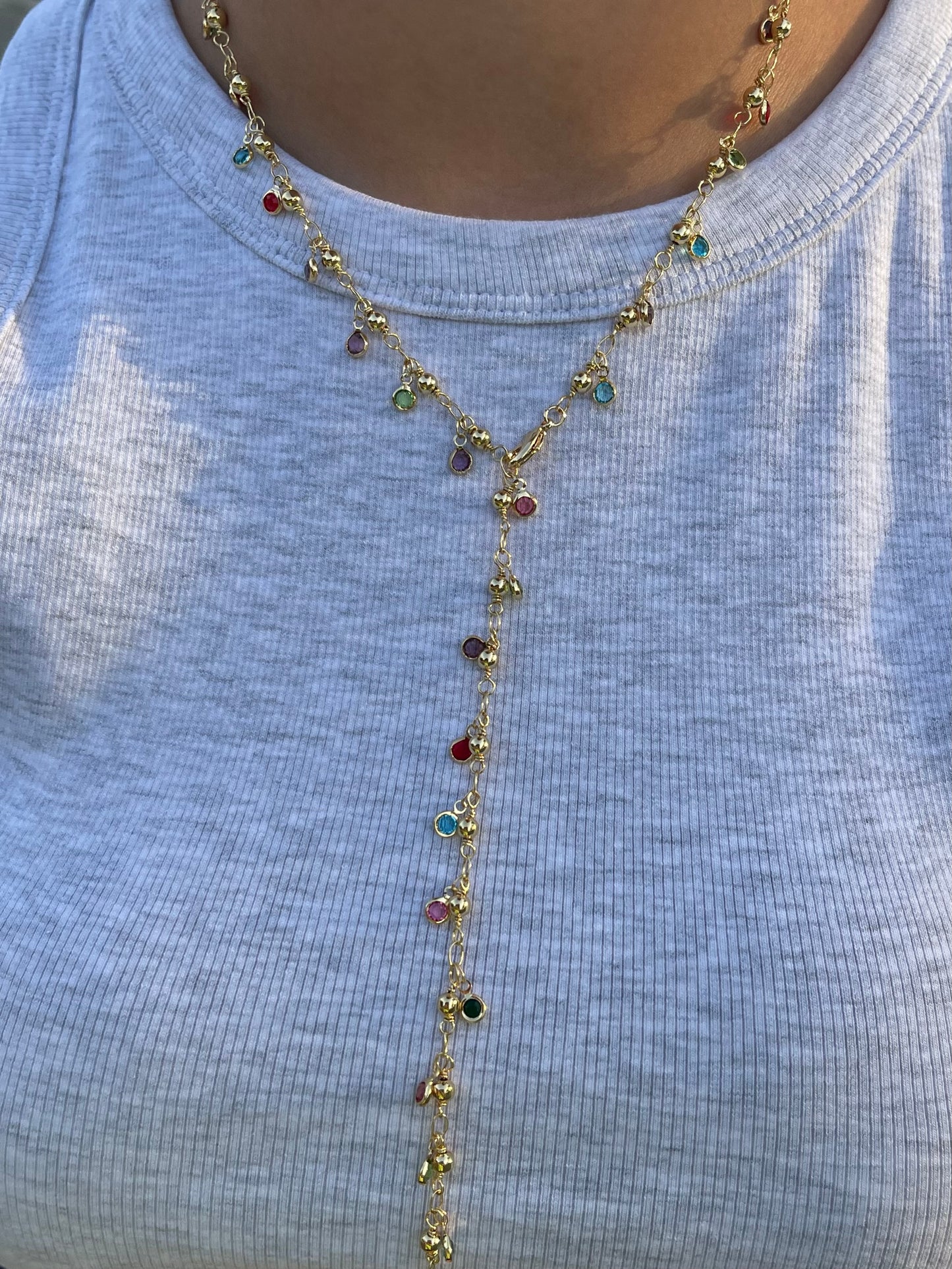 Rainbow Stones Drop Necklace (Gold Plated)