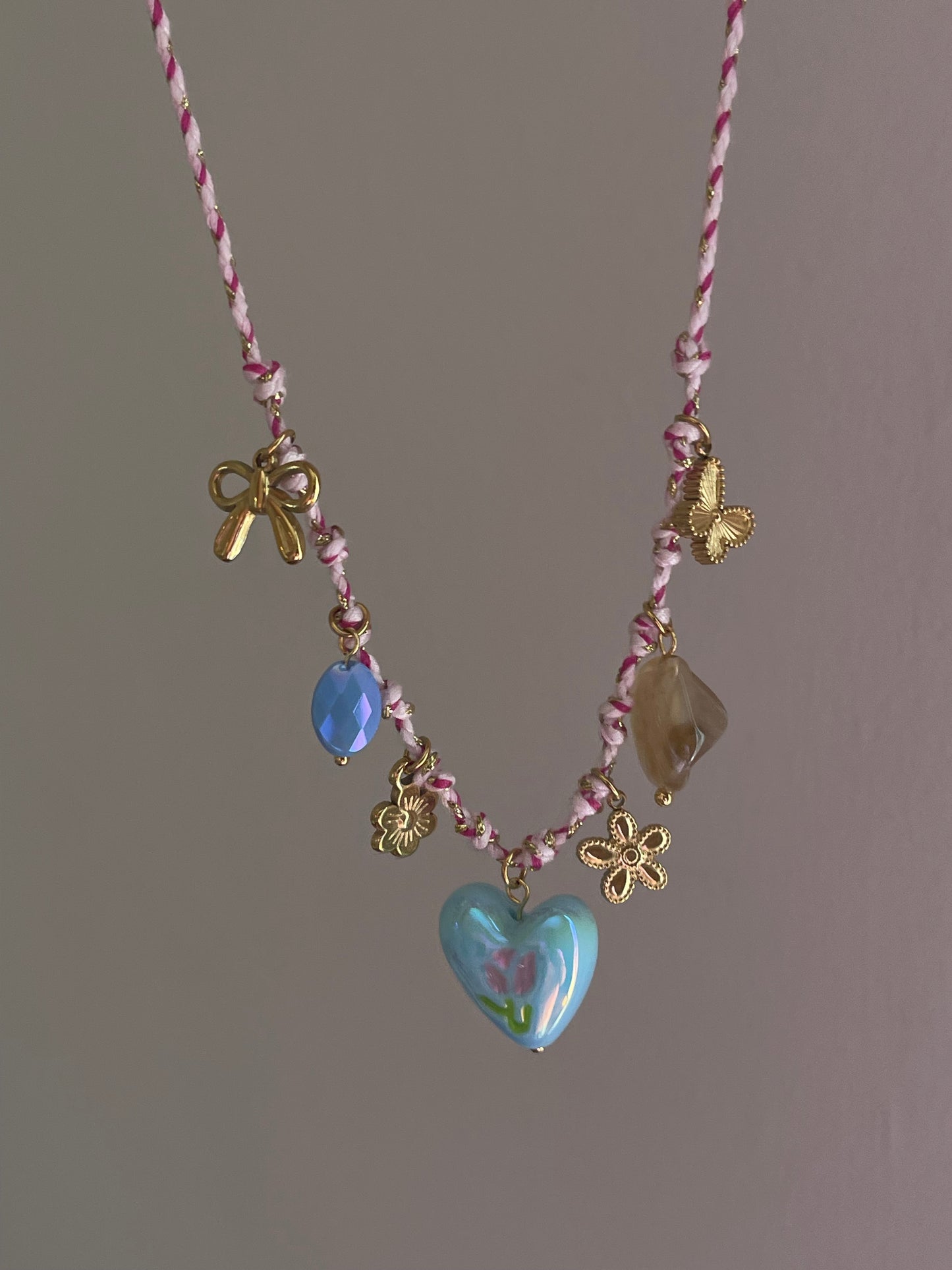 Pink Heart Charm Necklace (Stainless Steel)