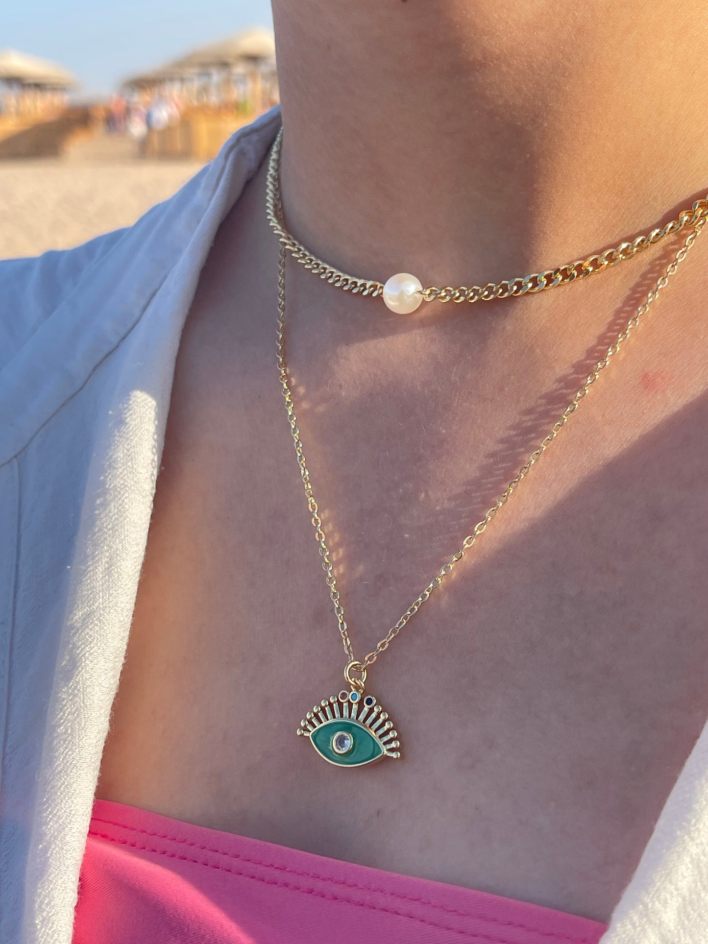 Evil Eye Pearl Double Necklace (Gold Plated)