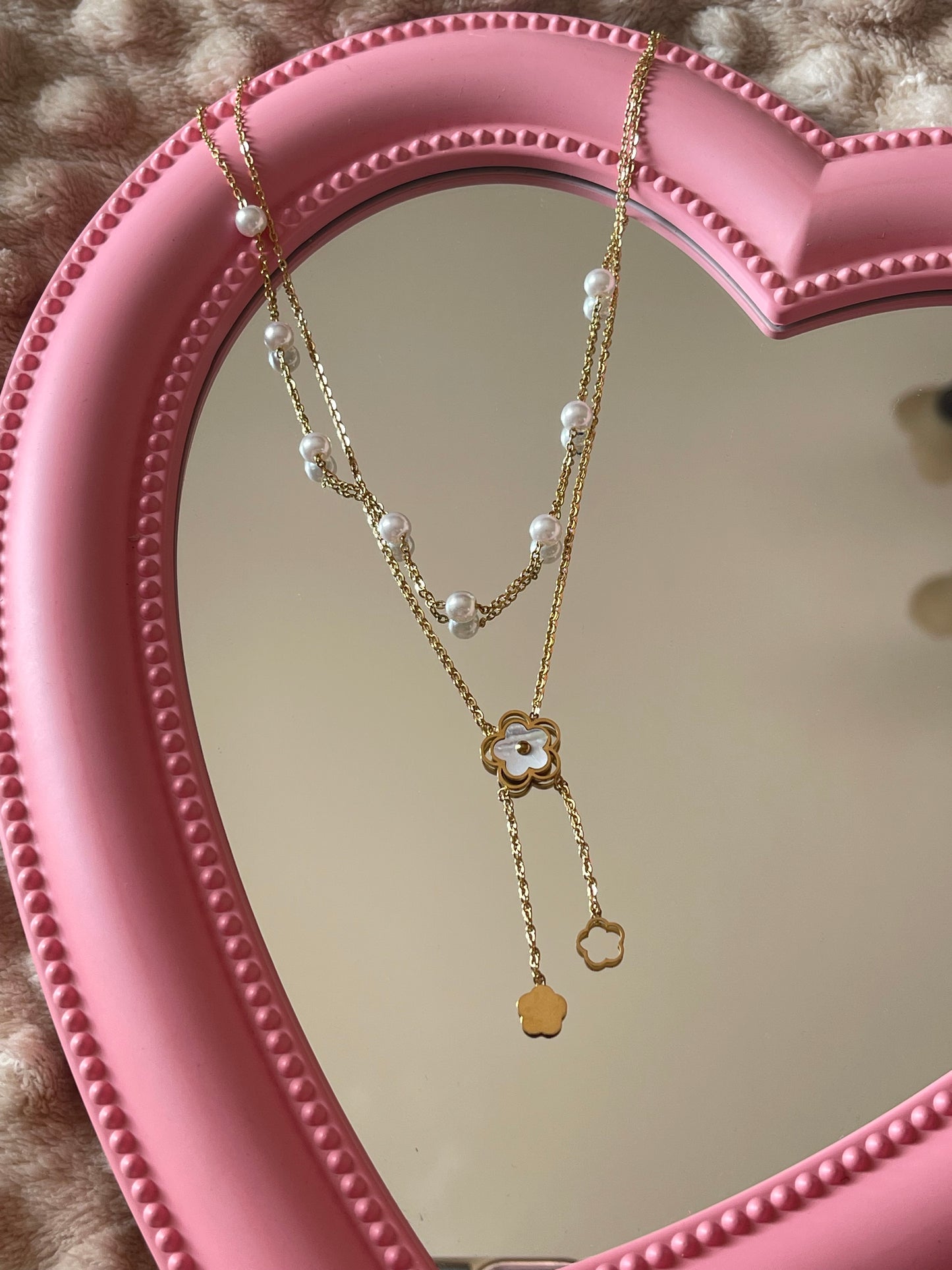 Layered Flower Pearl Necklace (Stainless Steel)