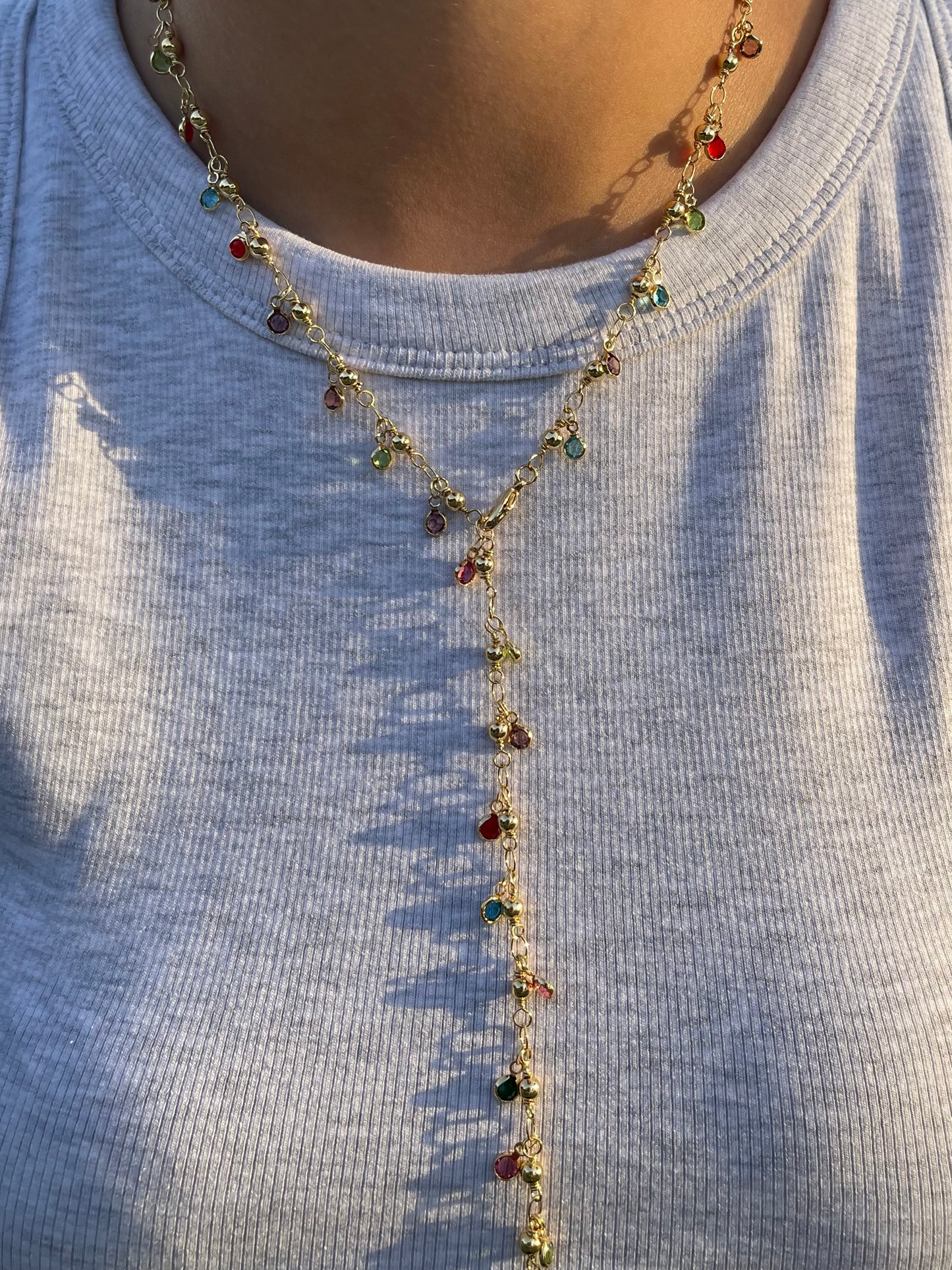 Rainbow Stones Drop Necklace (Gold Plated)