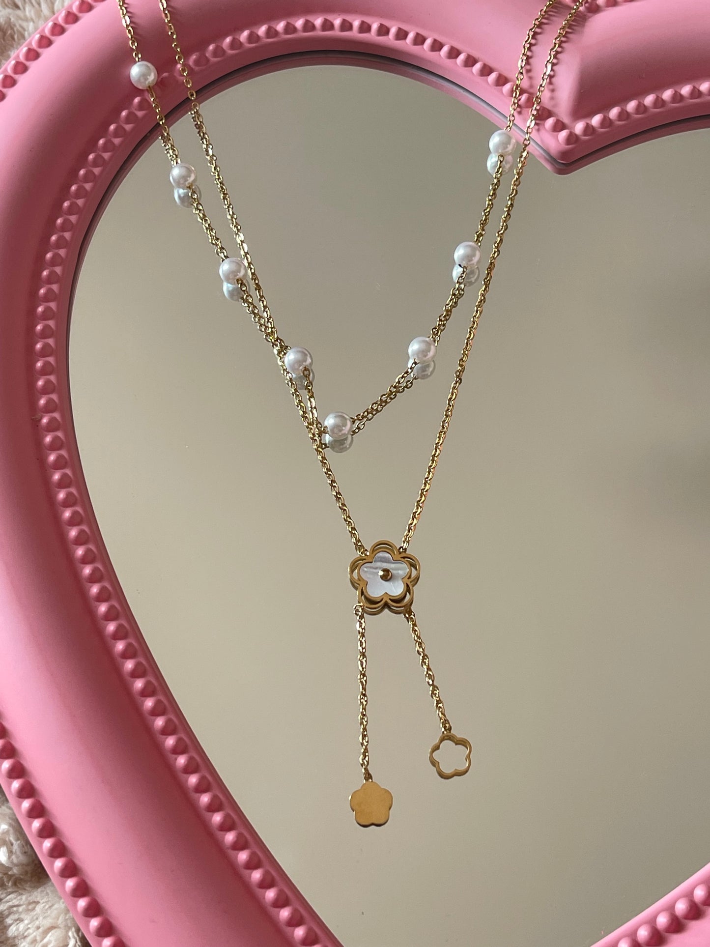 Layered Flower Pearl Necklace (Stainless Steel)