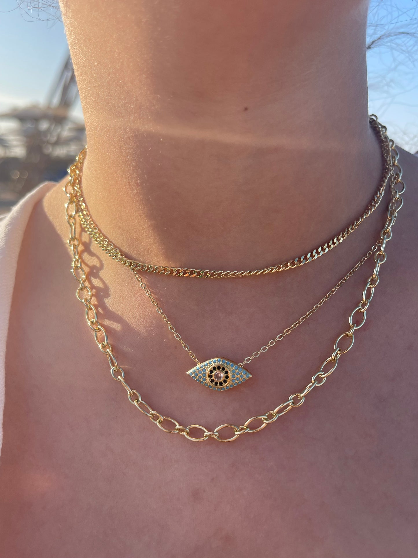Evil Eye Triple Chain Necklace (Gold Plated)