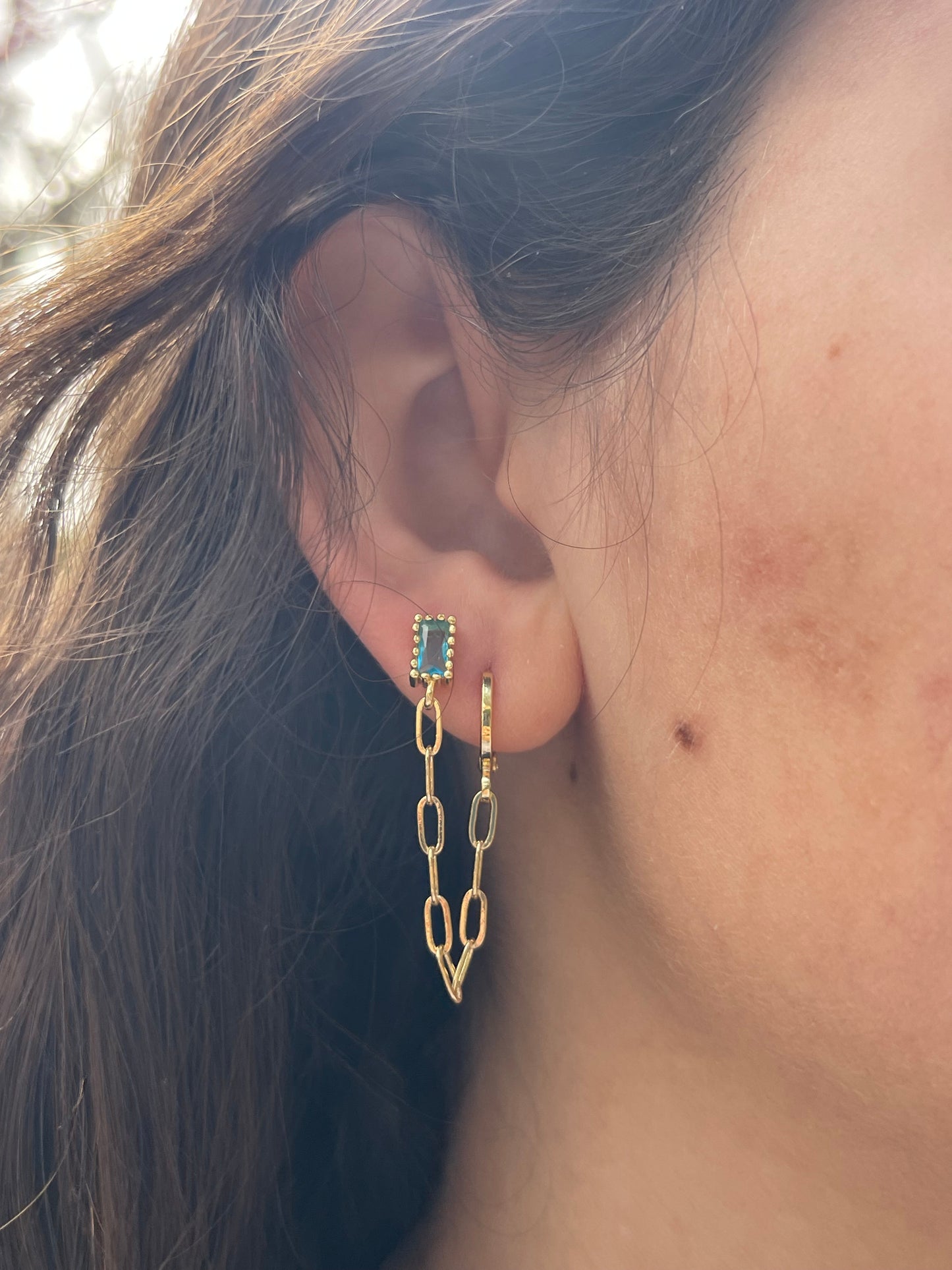 Blue Chain Connected Earrings (Gold Plated)