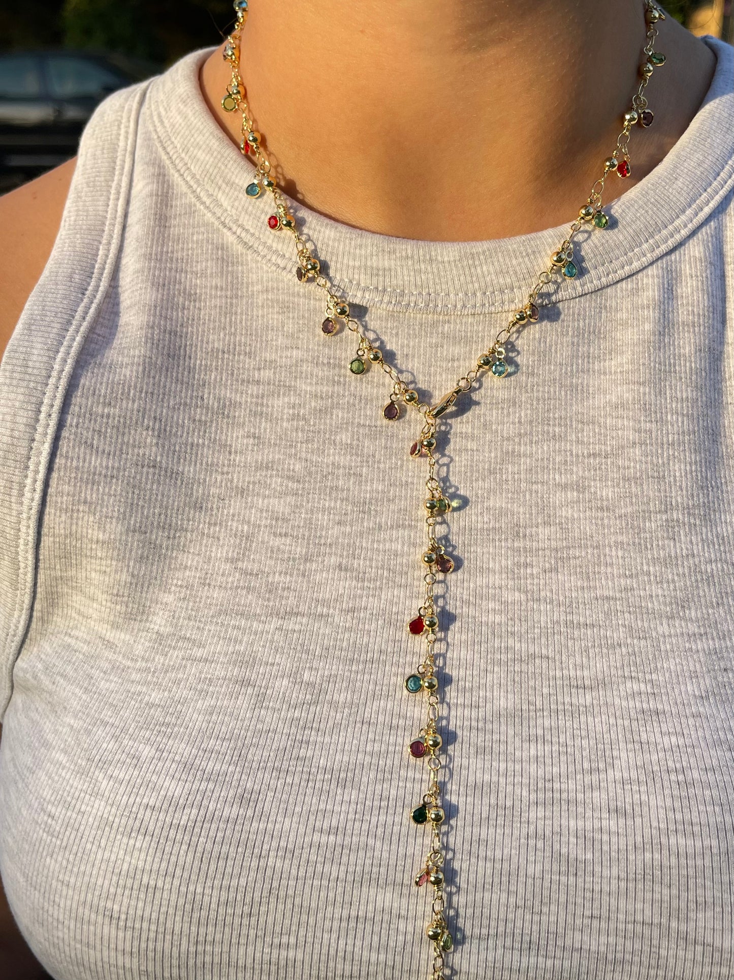 Rainbow Stones Drop Necklace (Gold Plated)