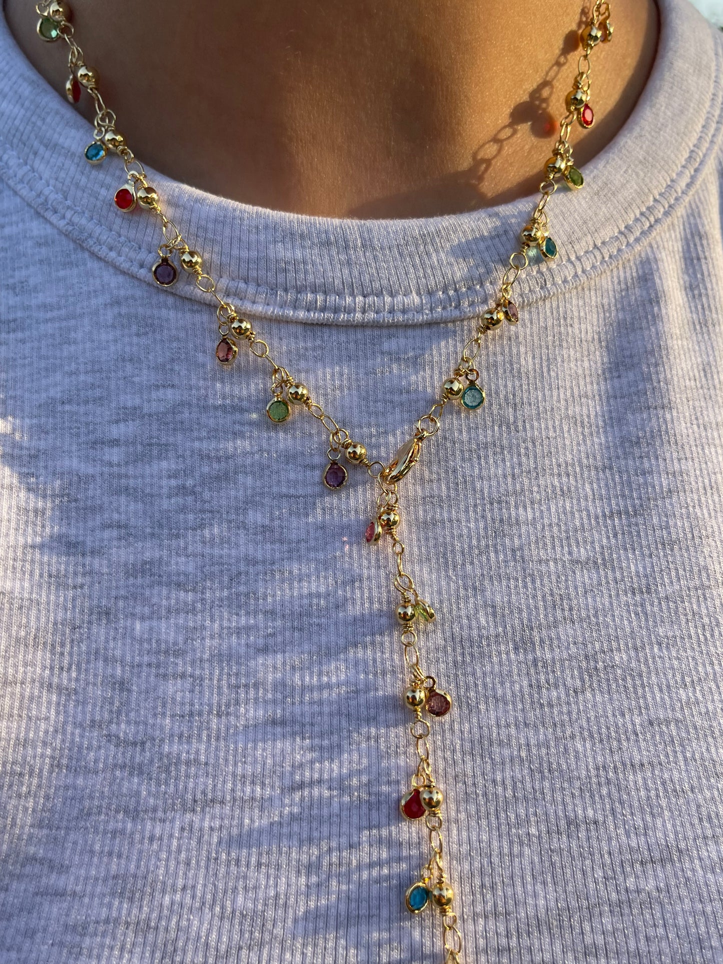 Rainbow Stones Drop Necklace (Gold Plated)