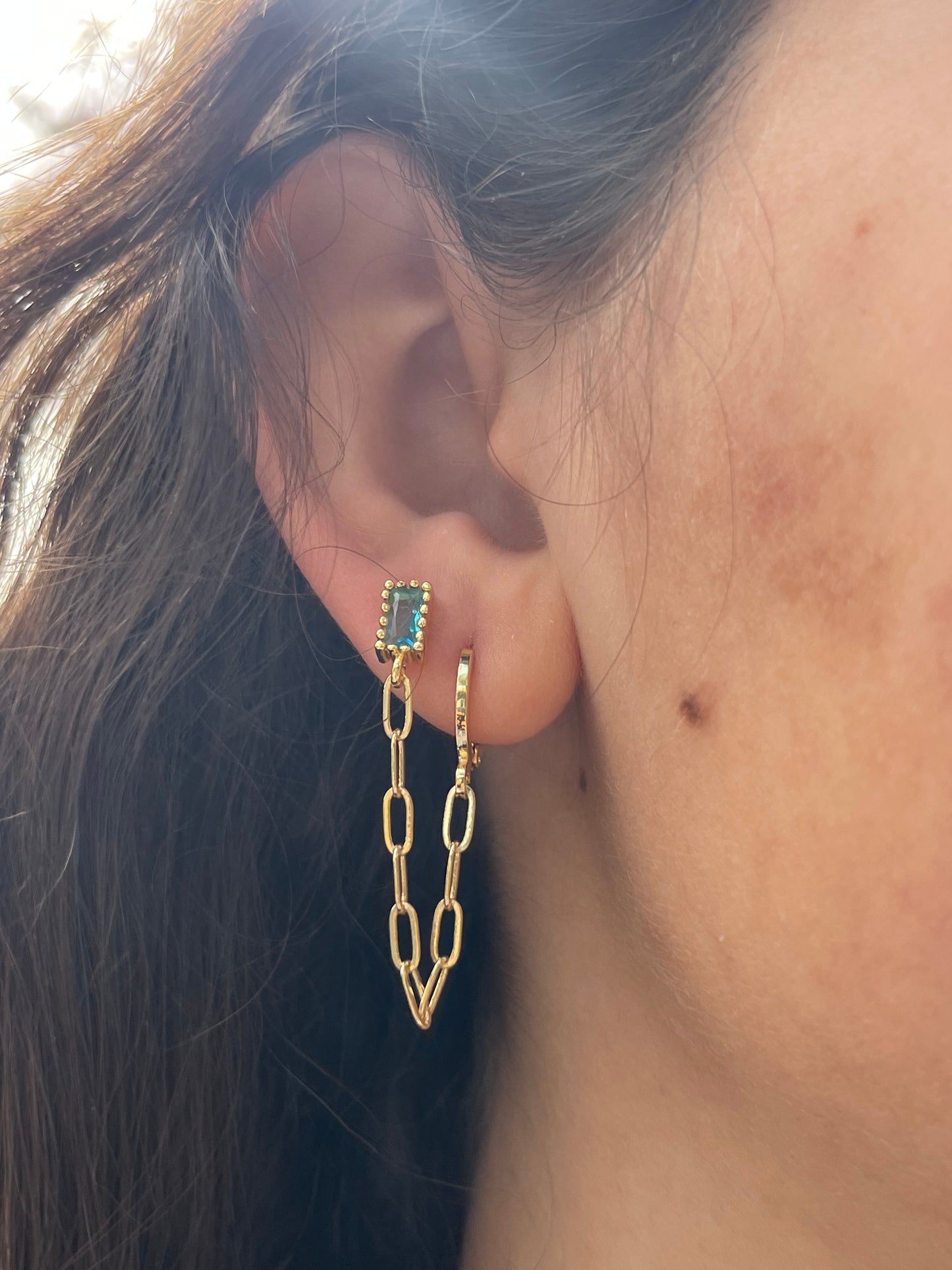 Blue Chain Connected Earrings (Gold Plated)