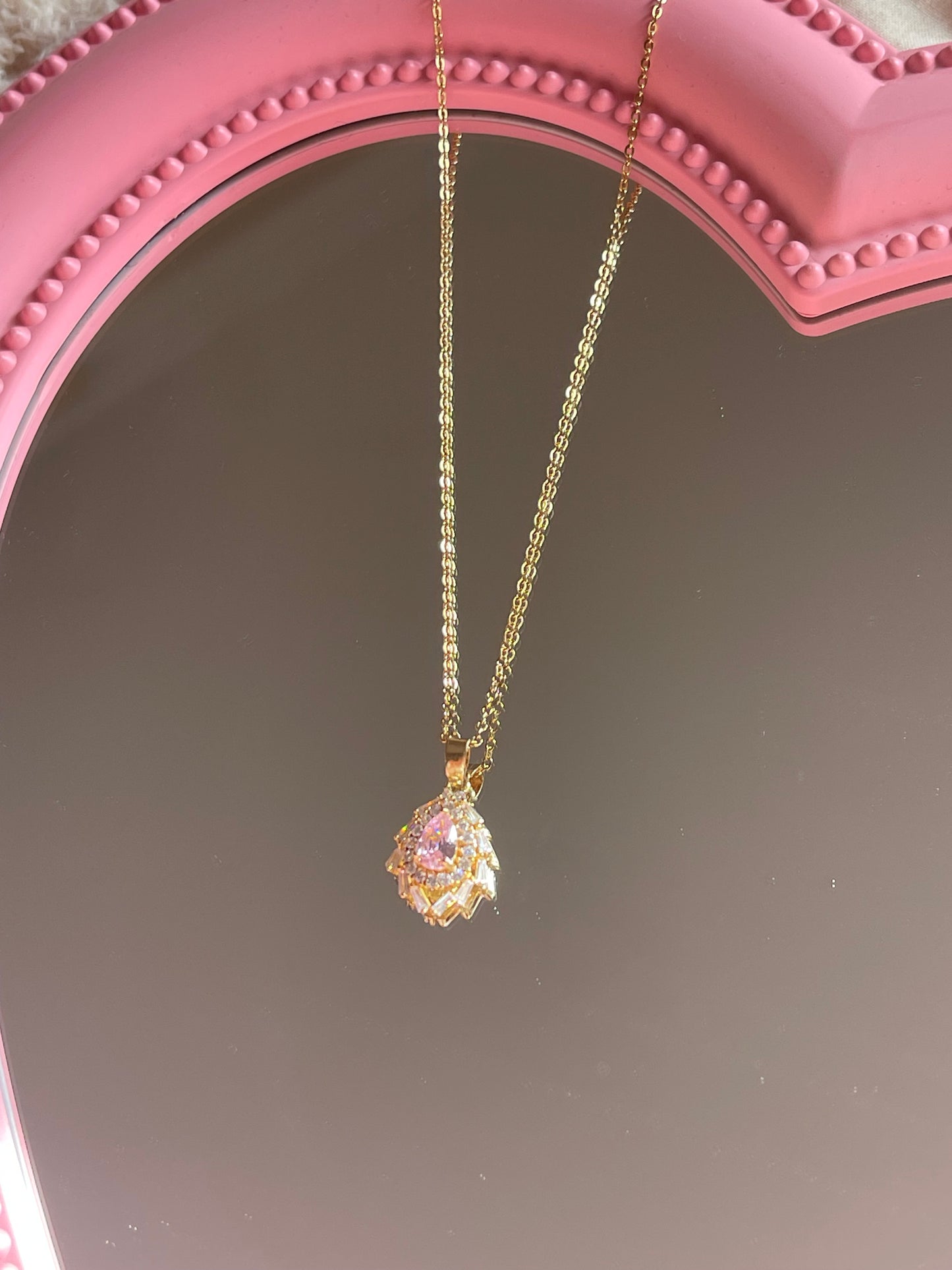 Dainty Pink Stone Necklace (Stainless Steel)