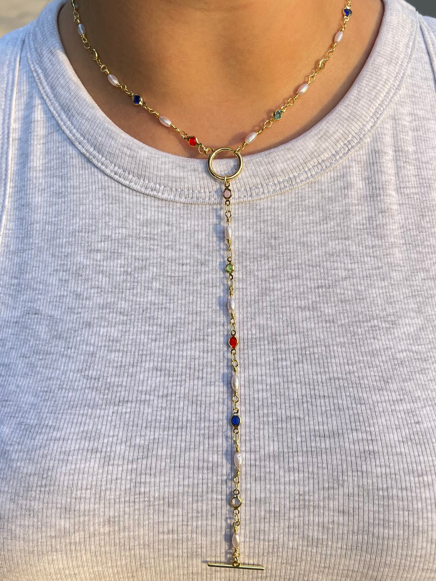 Pearl Stones Drop Necklace (Gold Plated)