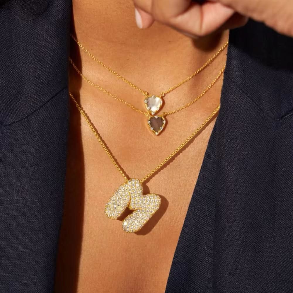 Jumbo Sparkly Bubble Initial Letter Necklace (Stainless Steel)