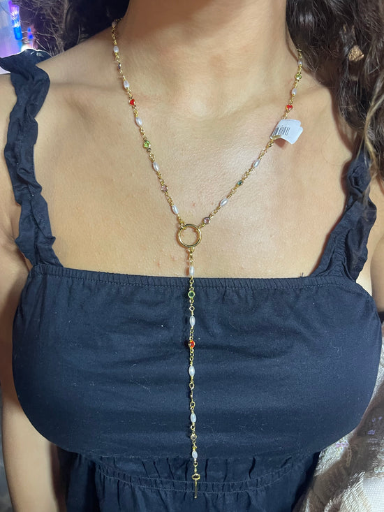 Pearl Stones Drop Necklace (Gold Plated)