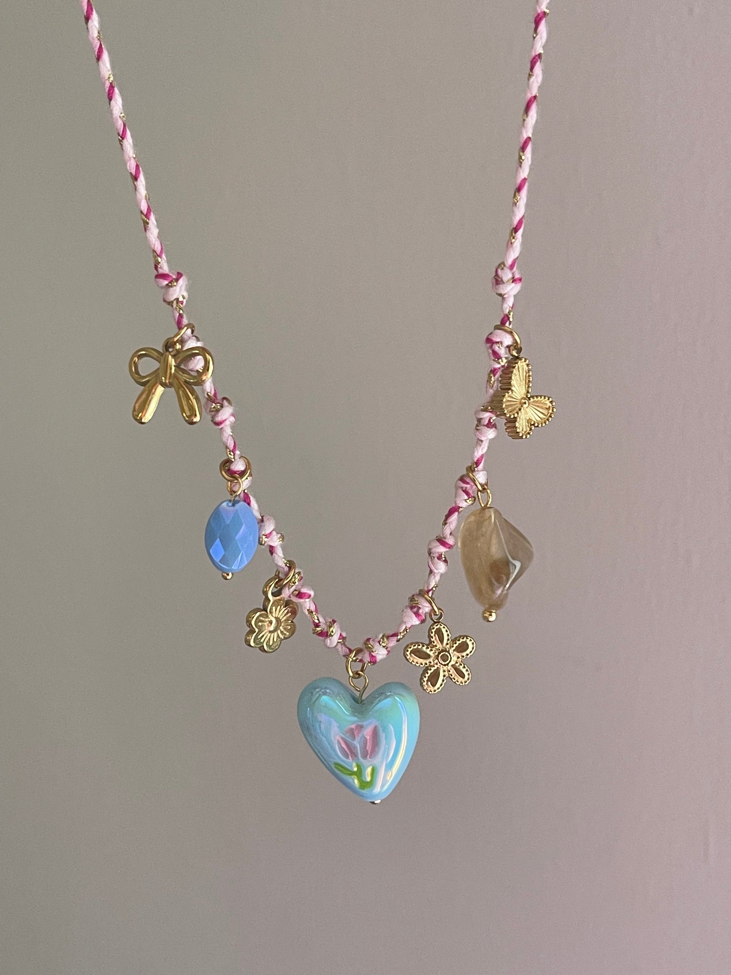 Pink Heart Charm Necklace (Stainless Steel)