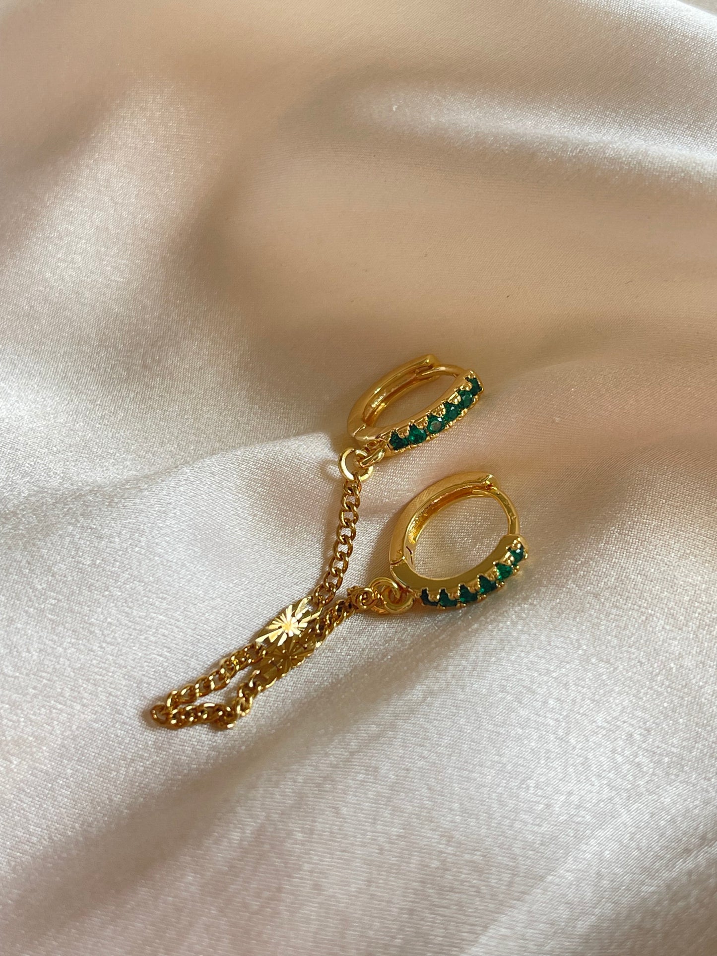 Emerald Green Connected Earrings (Gold Plated)