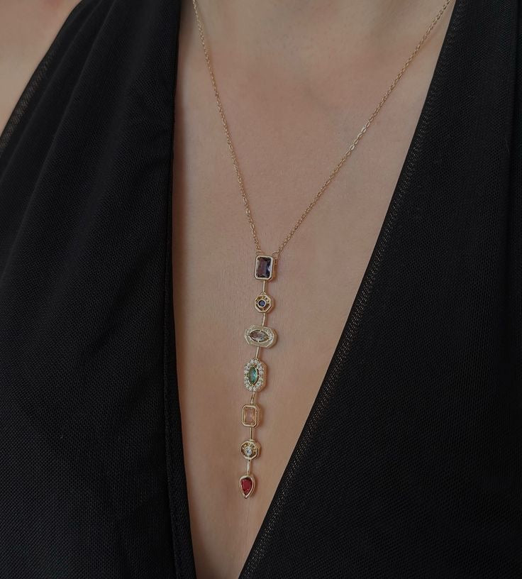 Colorful Stones Drop Necklace (Gold Plated)