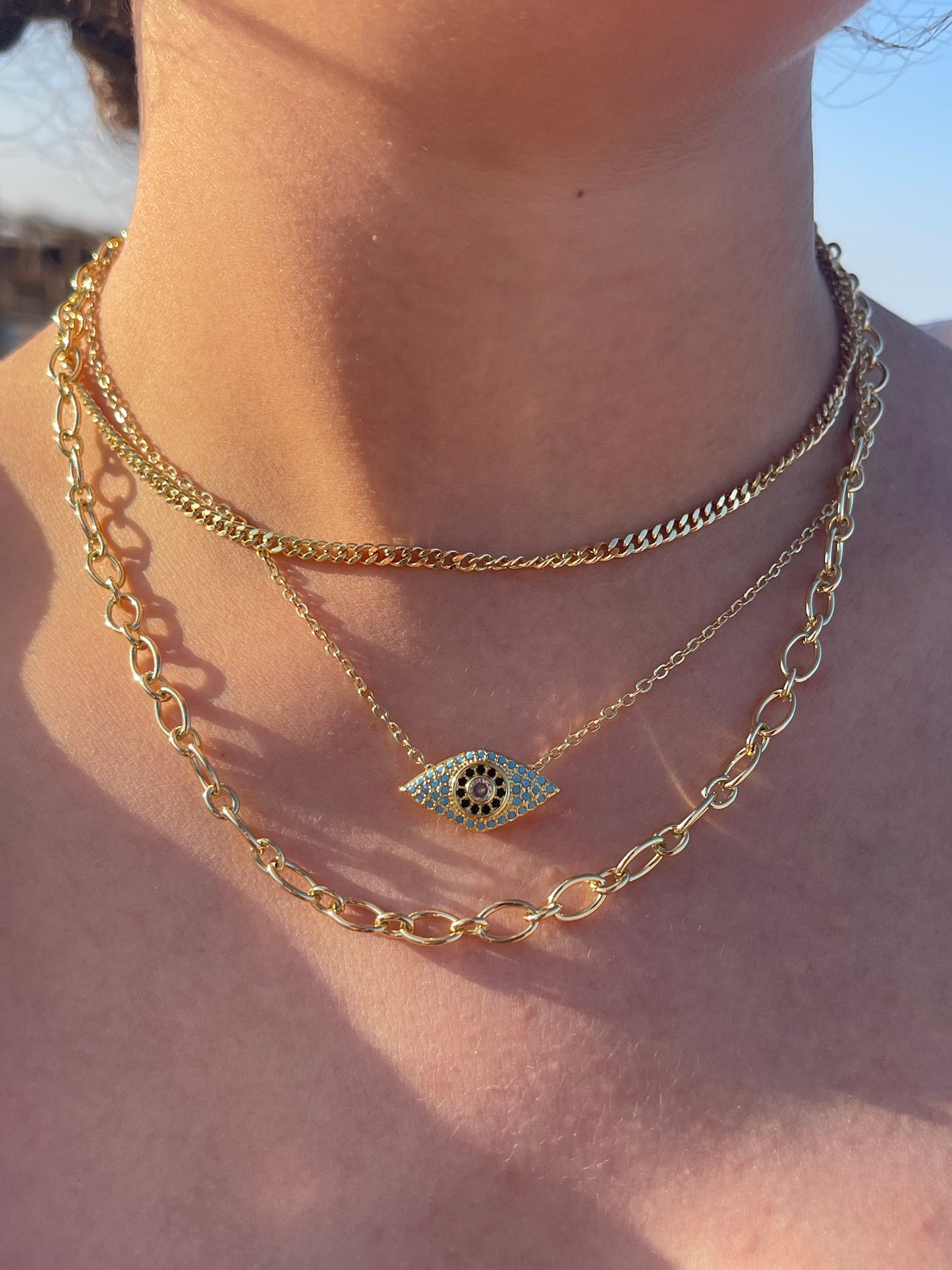 Evil Eye Triple Chain Necklace (Gold Plated)