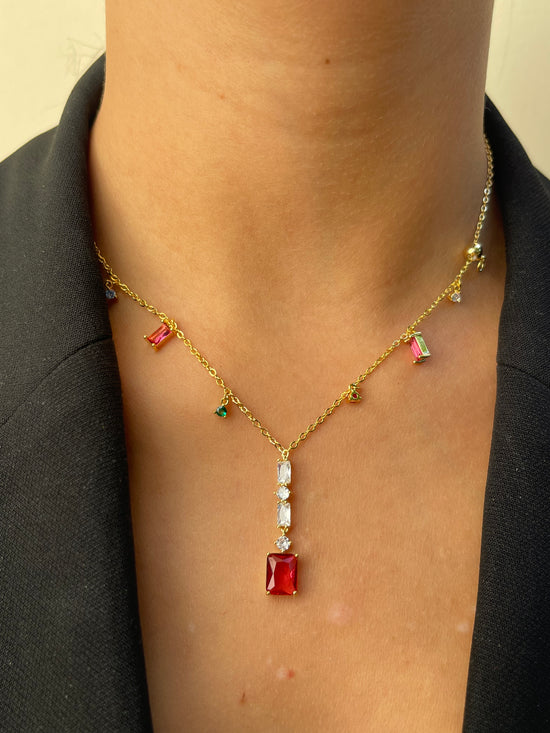 Red Ruby Crystal Necklace-Gold Plated
