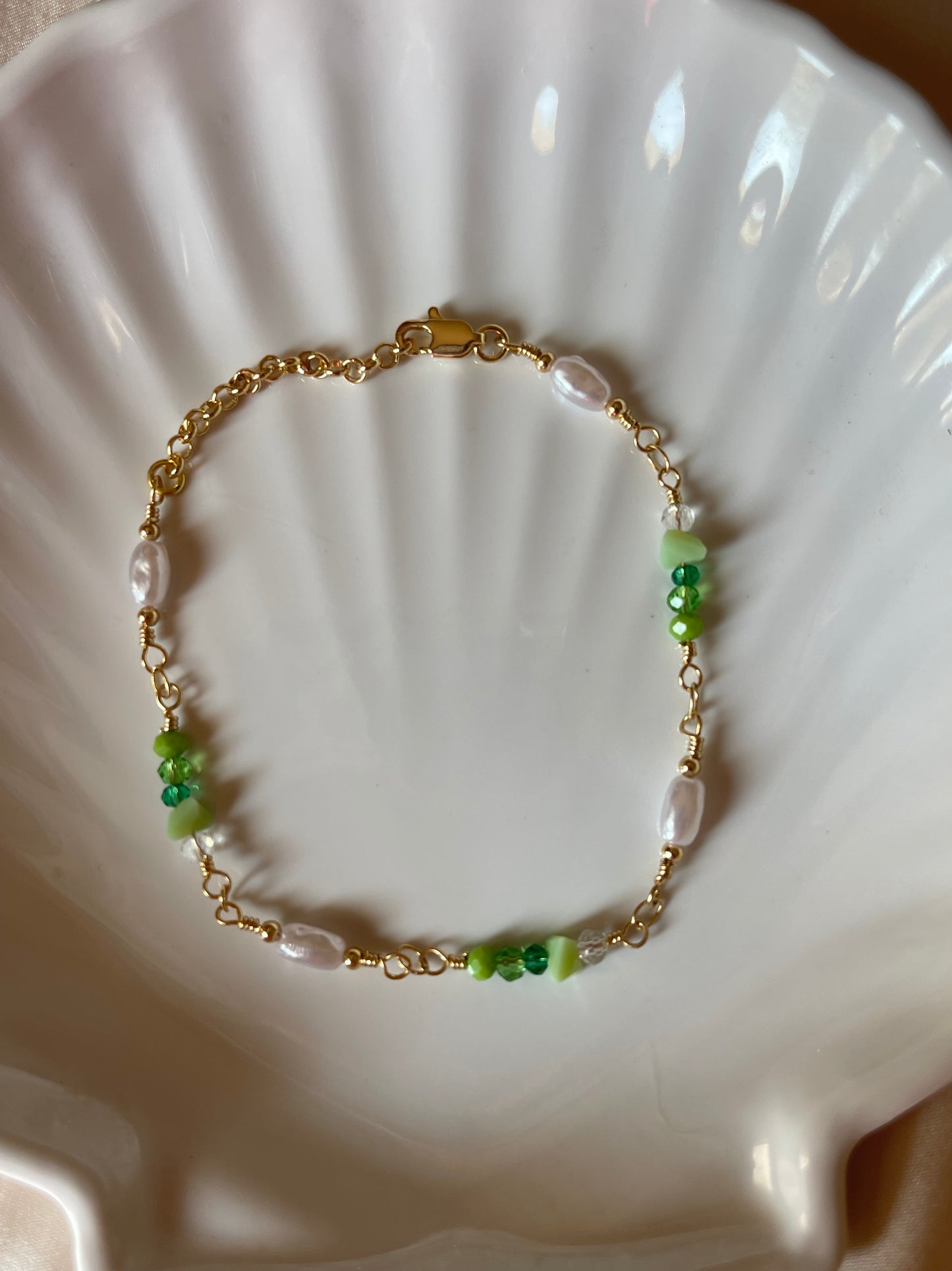 Green Stone Pearl Bracelet (Gold Plated)