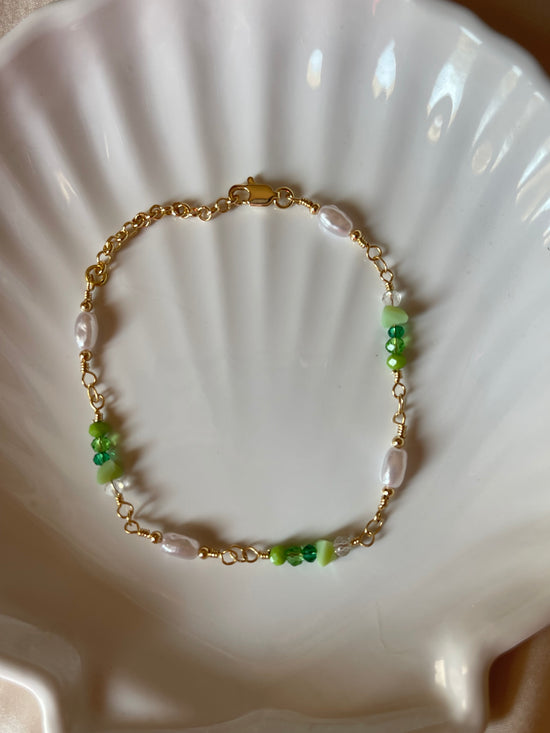 Green Stone Pearl Bracelet (Gold Plated)