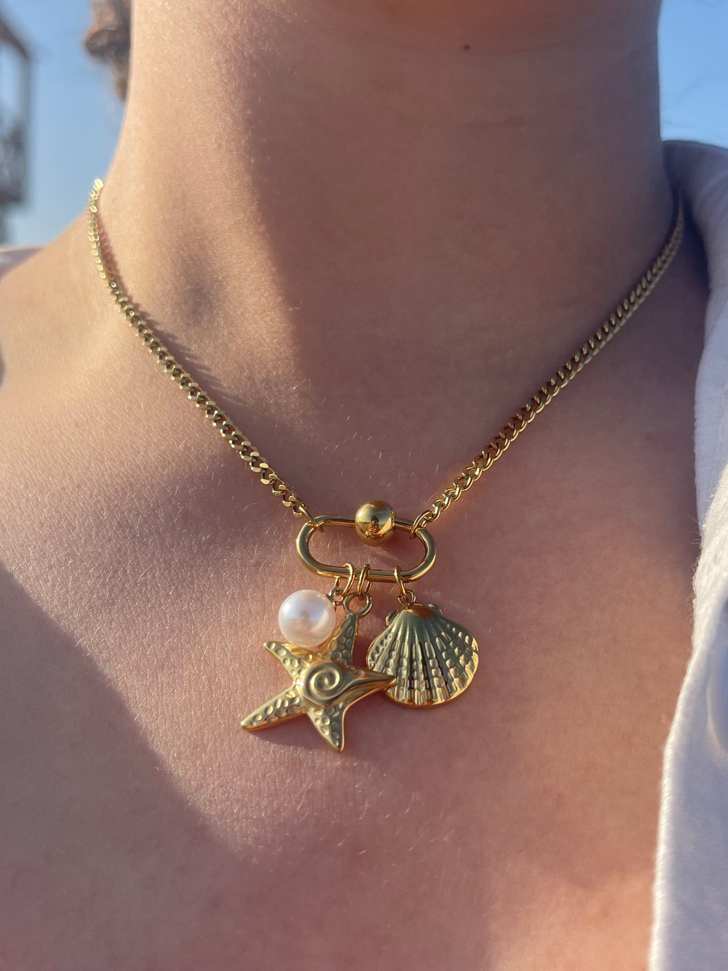 Starfish Pearl Charm Necklace (Stainless Steel)