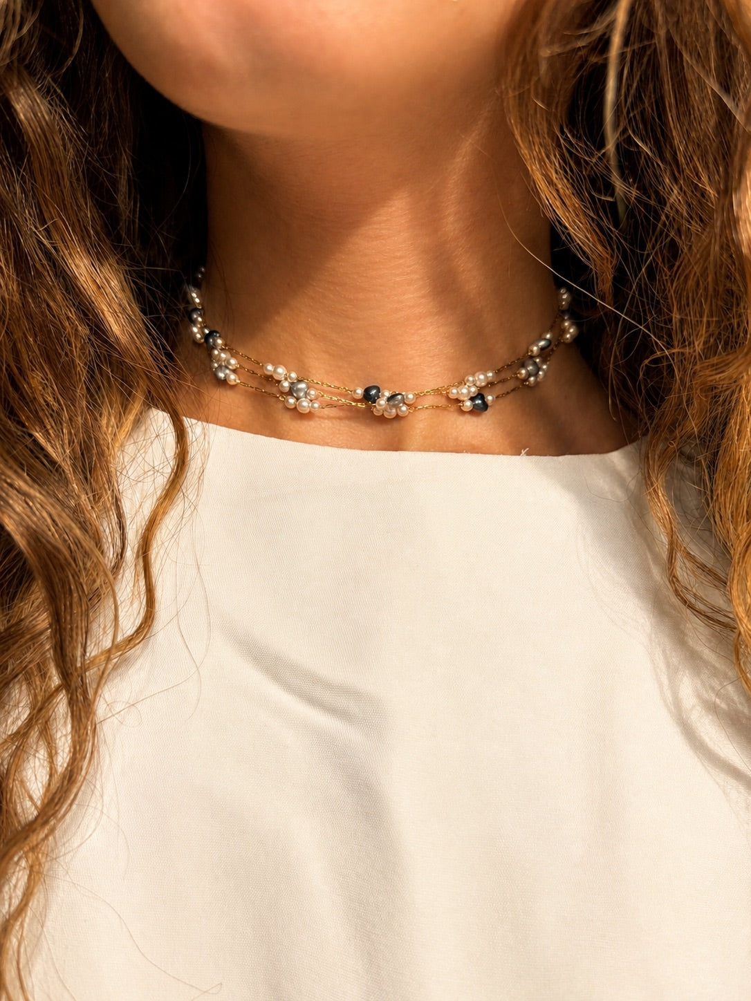 endless blue pearls necklace (stainless steel)