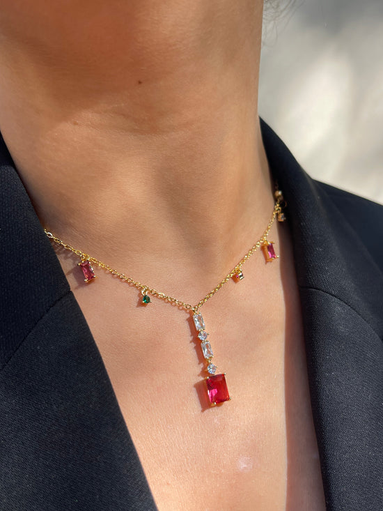 Red Ruby Crystal Necklace-Gold Plated