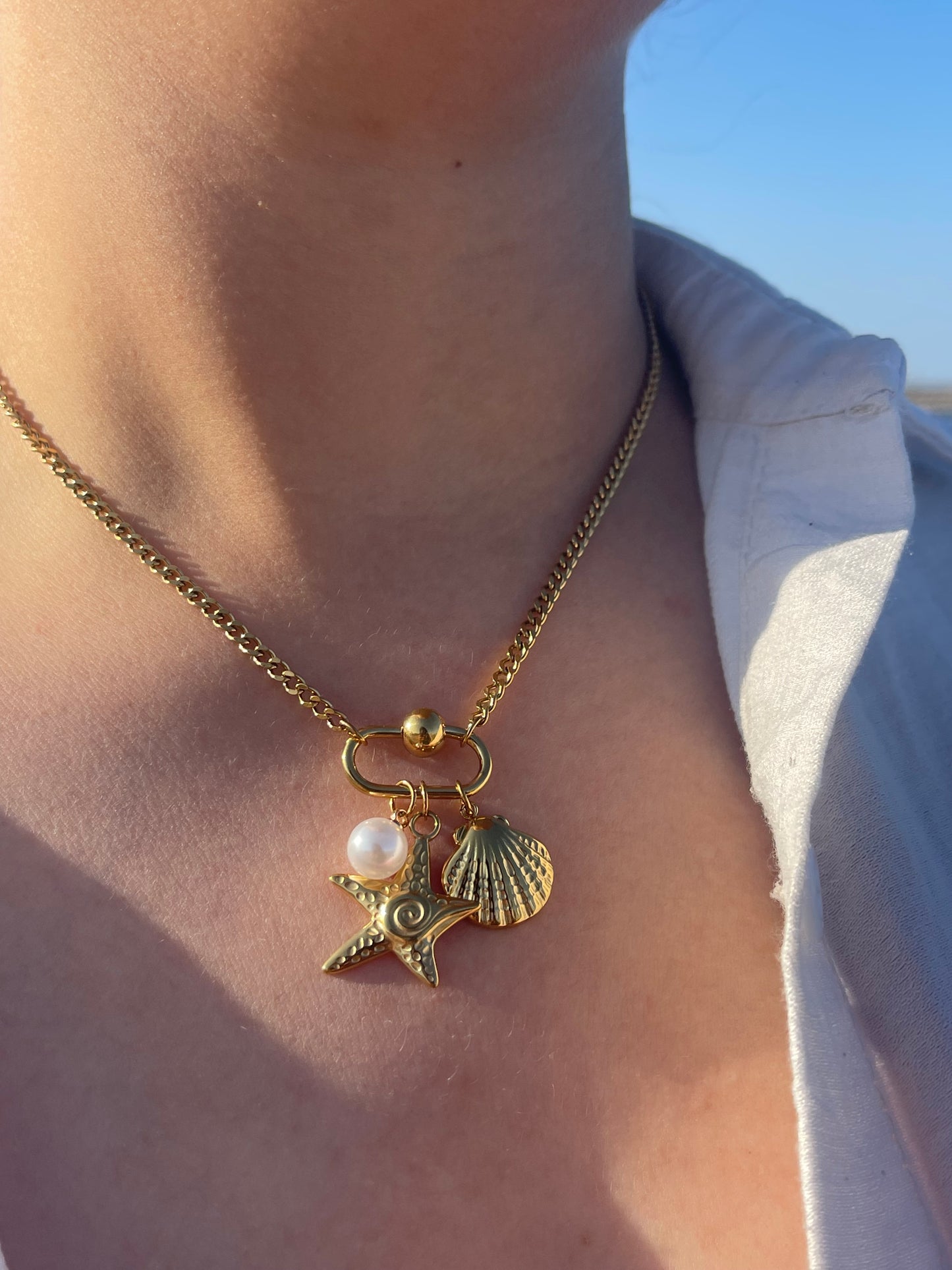 Starfish Pearl Charm Necklace (Stainless Steel)