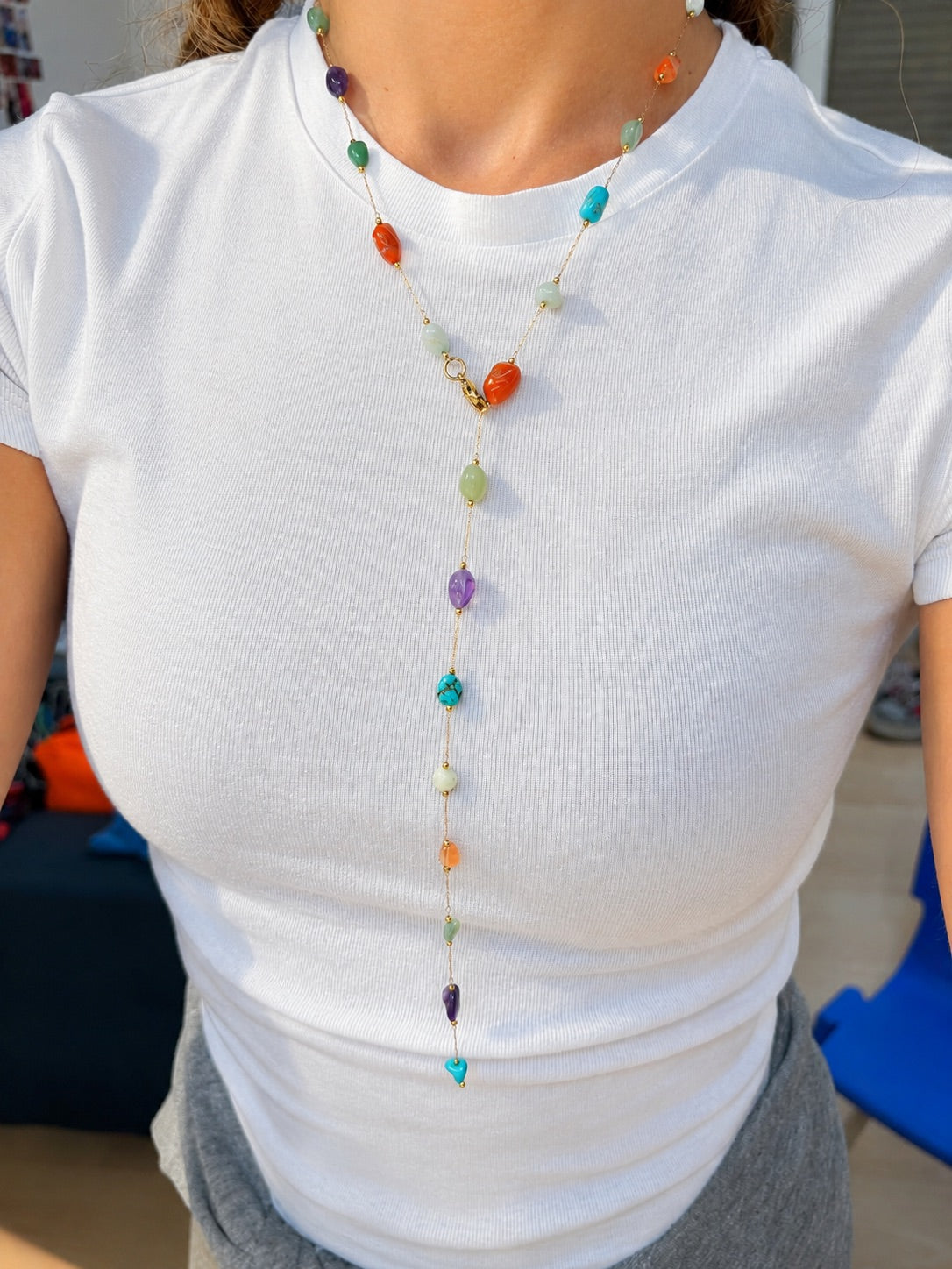 rainbow stones drop necklace-stainless steel