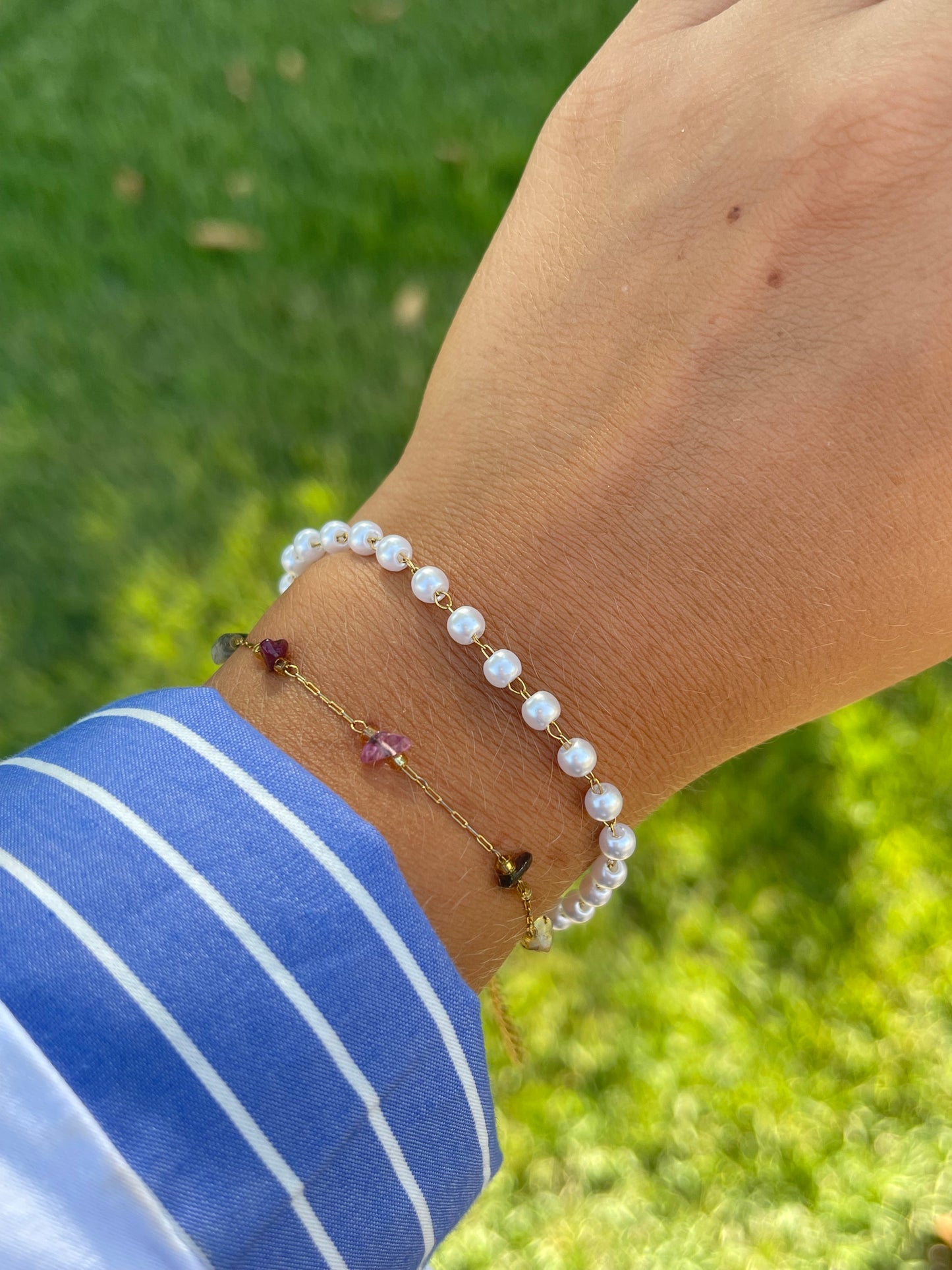 Pearl Stone Bracelet Stack (Stainless Steel)