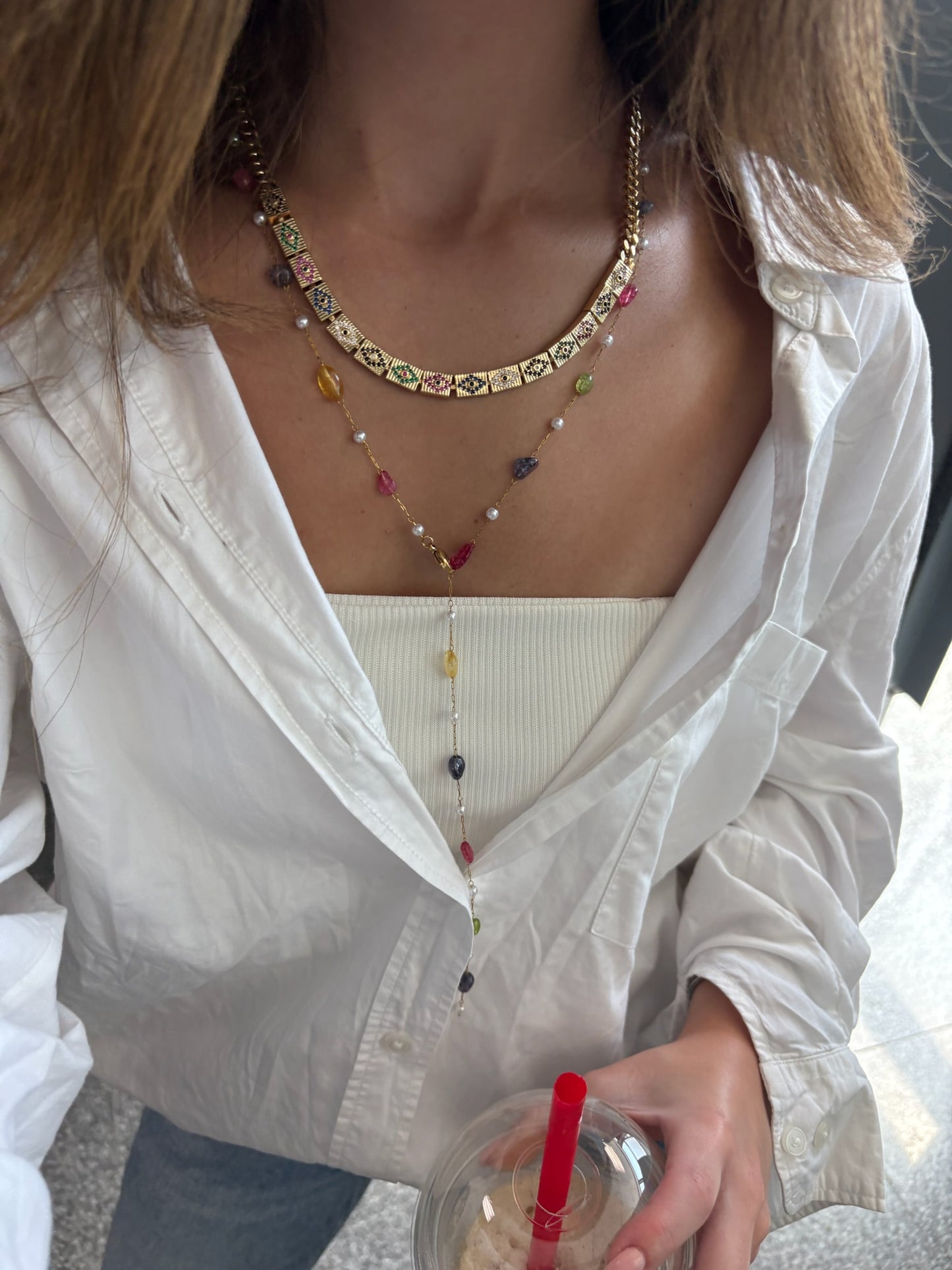 Colorful Stones Drop Necklace (Gold Plated)