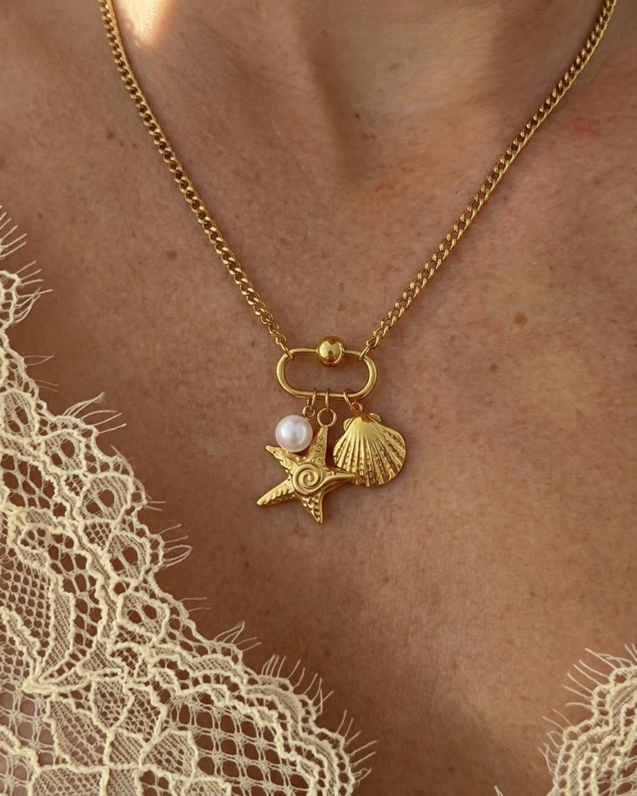 Starfish Pearl Charm Necklace (Stainless Steel)