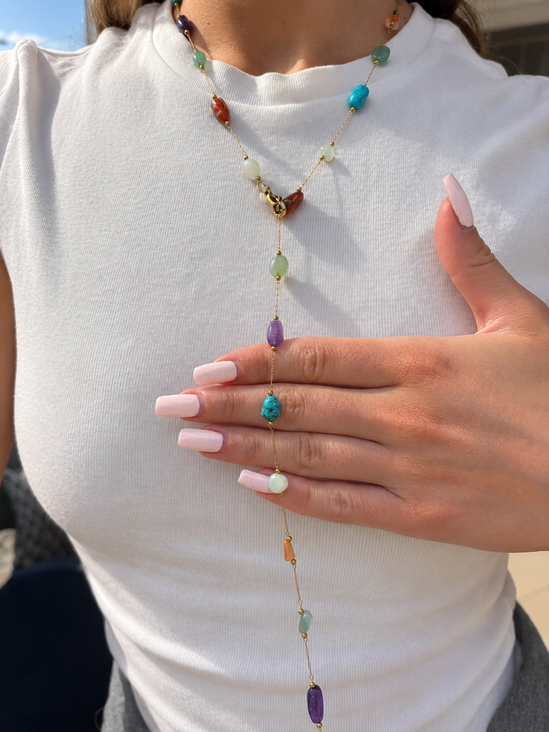 rainbow stones drop necklace-stainless steel