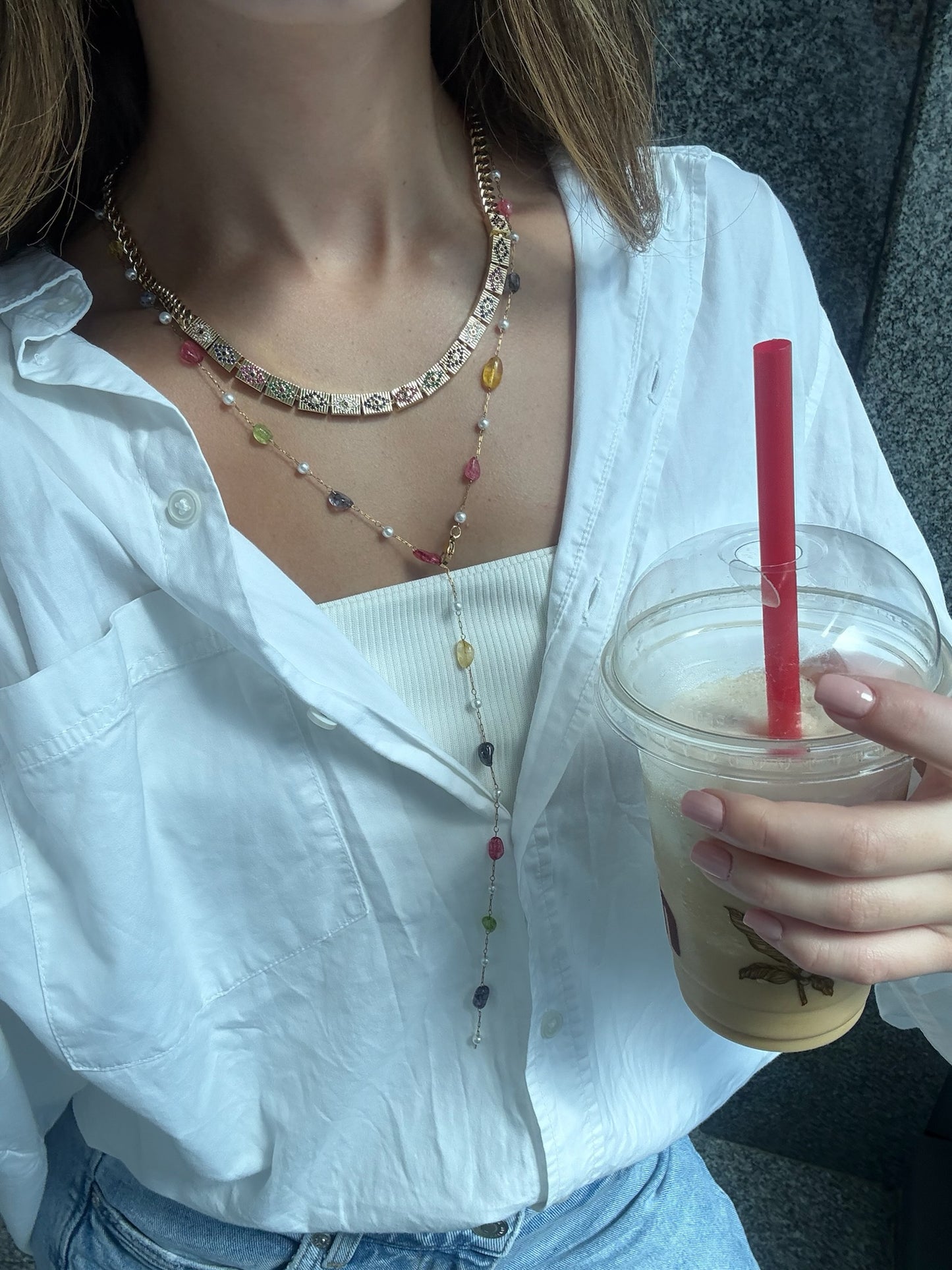 Colorful Stones Drop Necklace (Gold Plated)