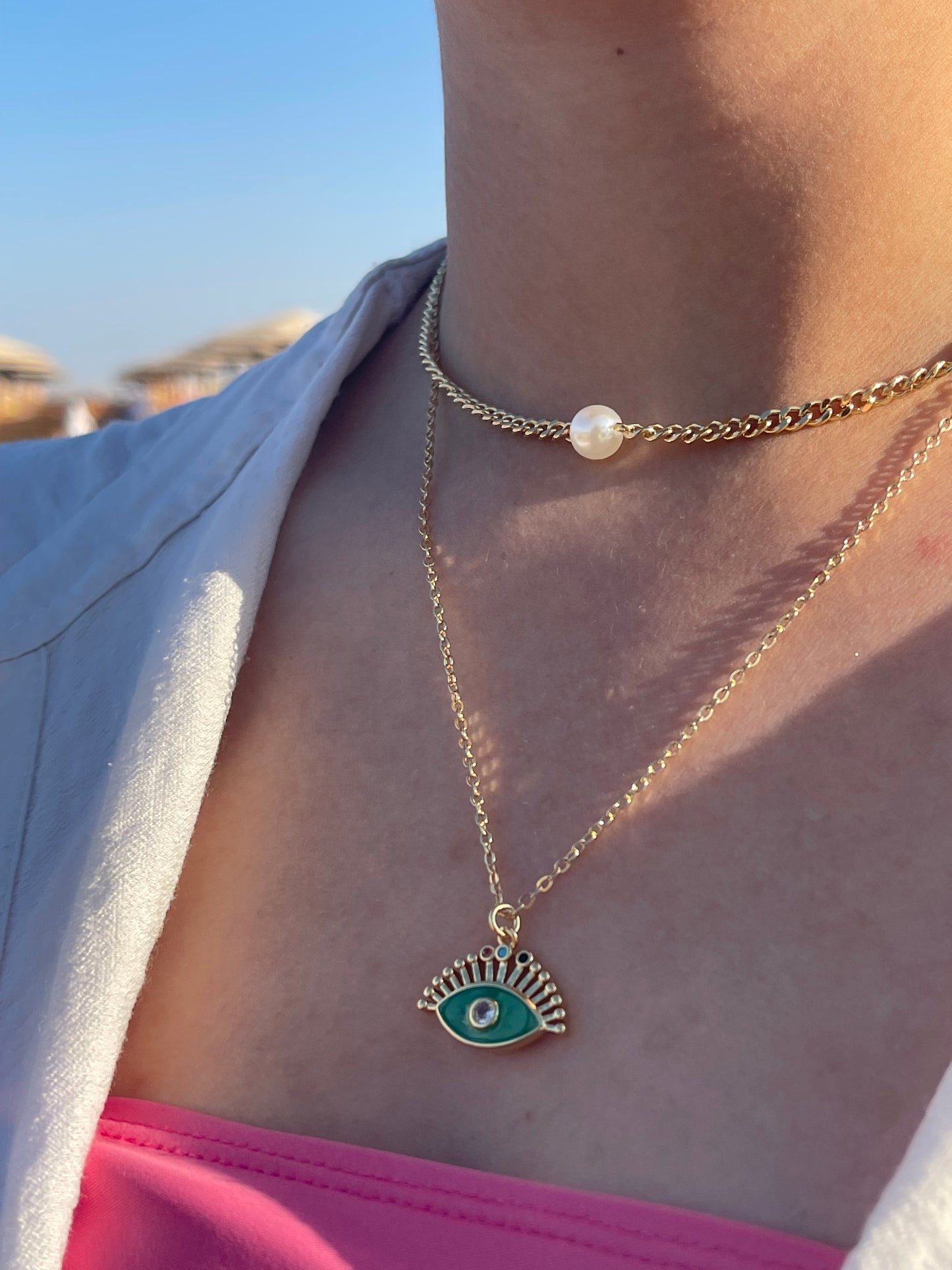 Evil Eye Pearl Double Necklace (Gold Plated)