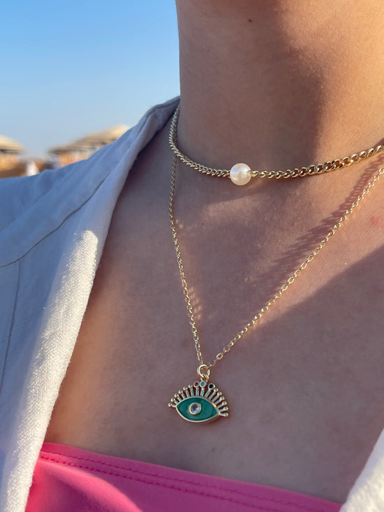 Evil Eye Pearl Double Necklace (Gold Plated)