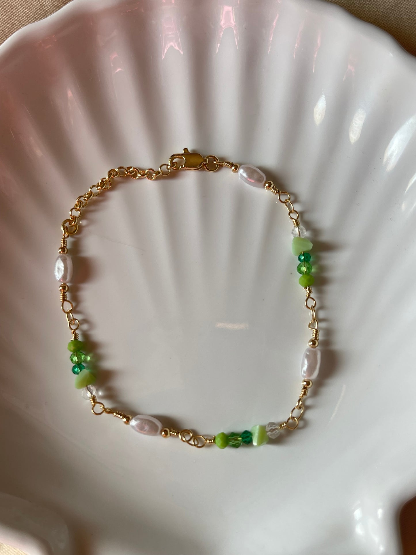 Green Stone Pearl Bracelet (Gold Plated)