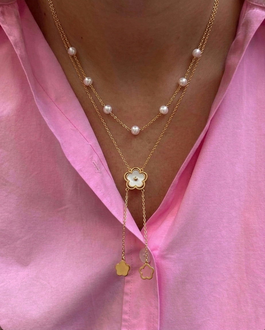 Layered Flower Pearl Necklace (Stainless Steel)
