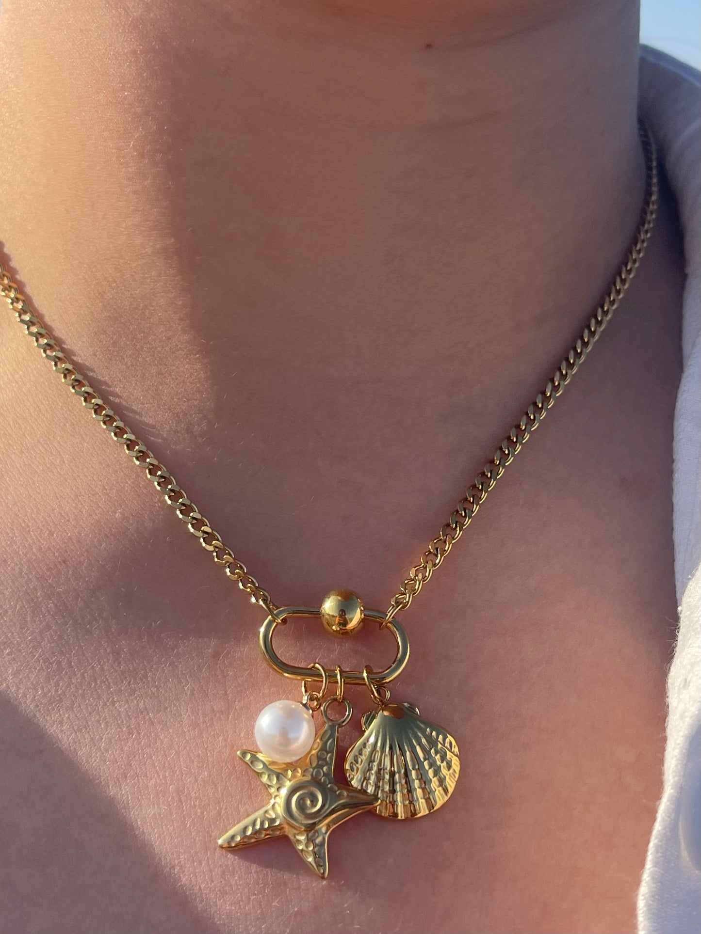 Starfish Pearl Charm Necklace (Stainless Steel)