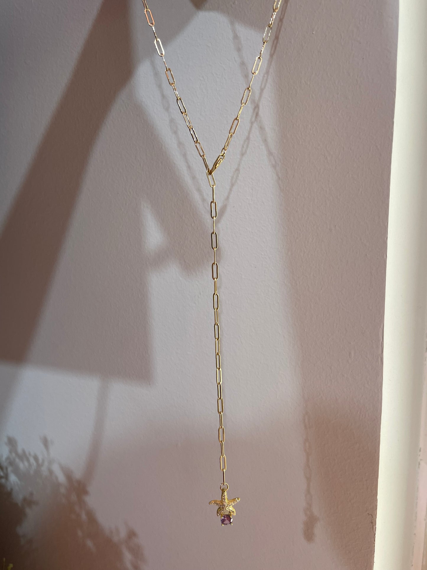 Starfish Chained Necklace- Gold Plated- Purple Stone