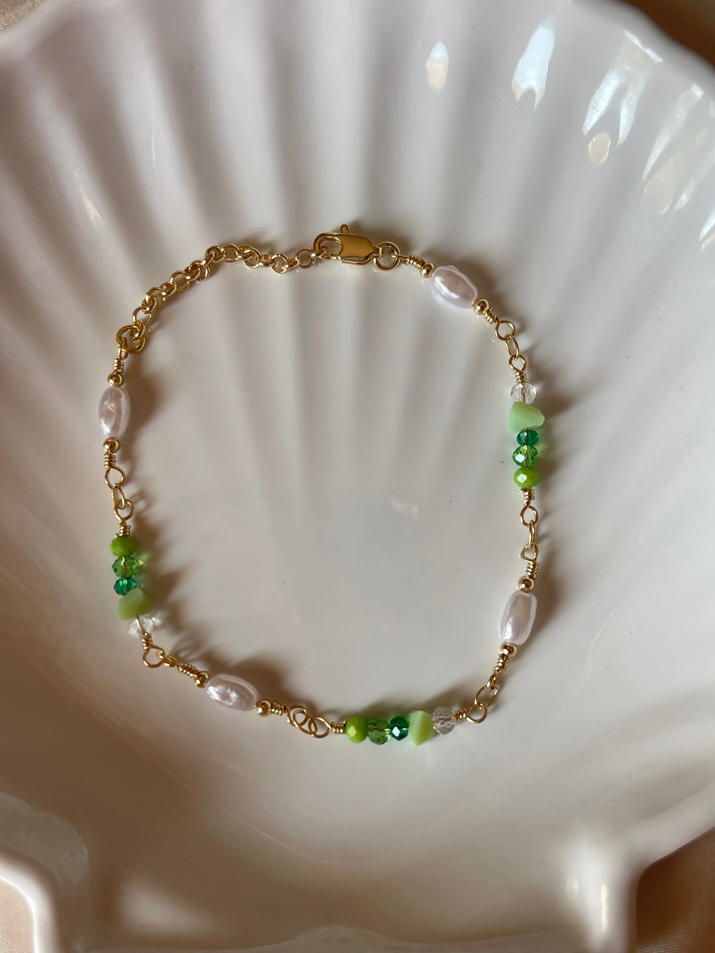 Green Stone Pearl Bracelet (Gold Plated)