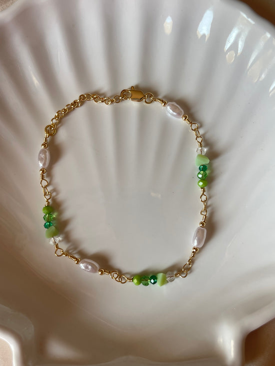 Green Stone Pearl Bracelet (Gold Plated)