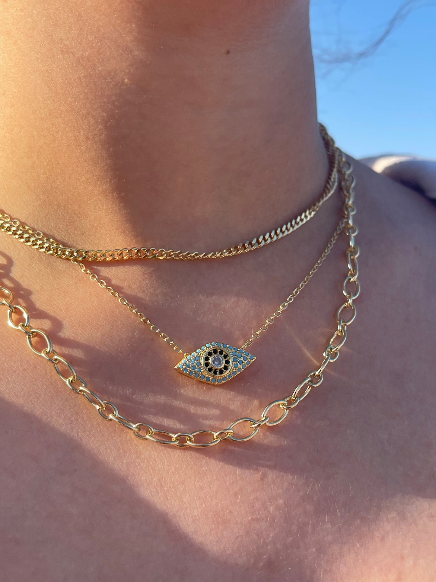 Evil Eye Triple Chain Necklace (Gold Plated)