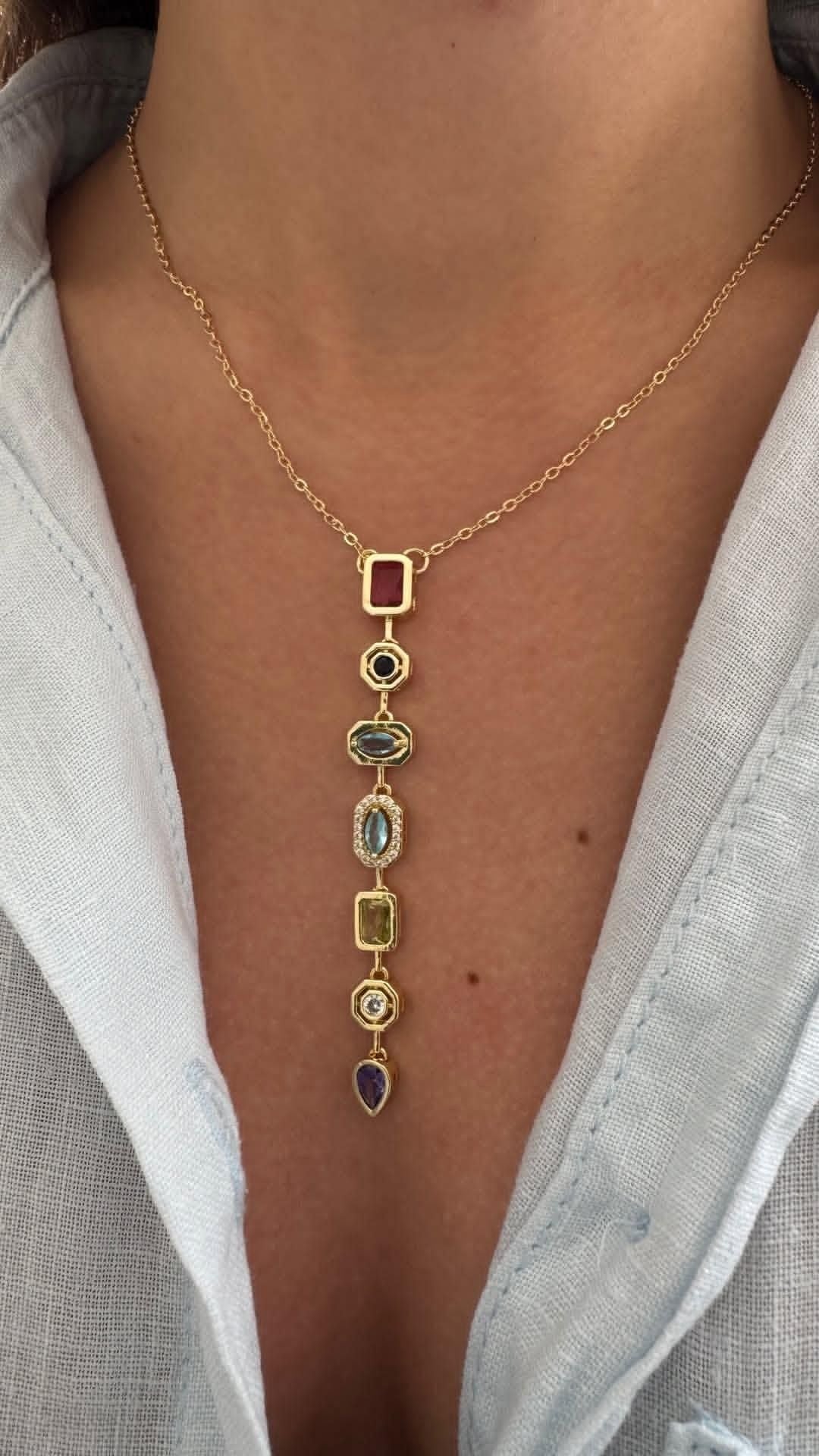 Colorful Stones Drop Necklace (Gold Plated)
