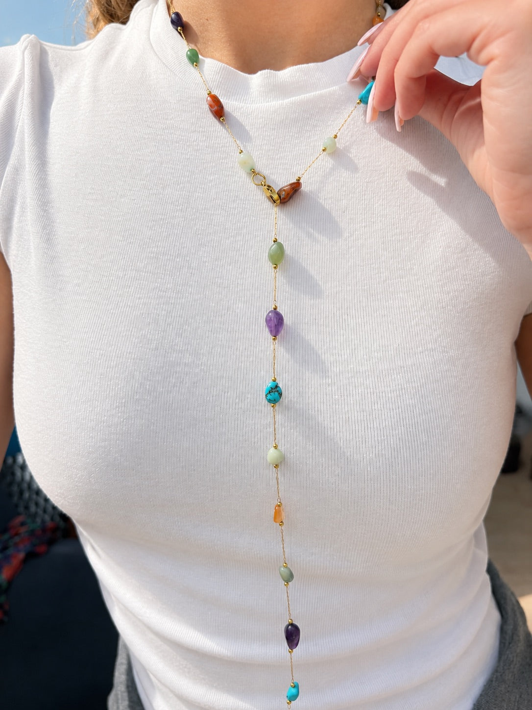 rainbow stones drop necklace-stainless steel